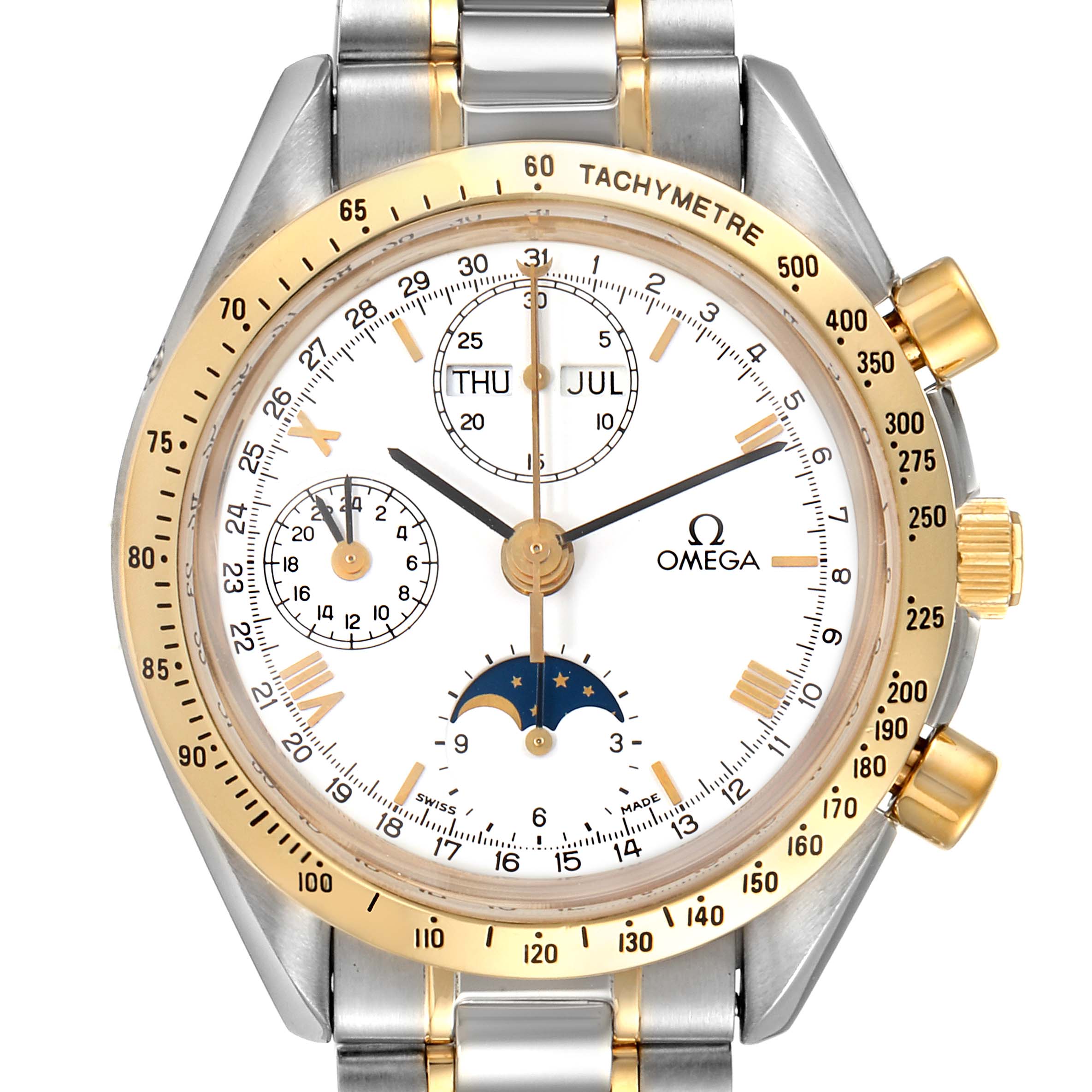 The image shows a front view of an Omega Speedmaster 3330.20.00 Men's Steel and Gold (two tone) White Dial 3330.20.00 Men's Steel and Gold (two tone) White Dial watch with a white dial, gold accents, and a stainless steel and gold bracelet.