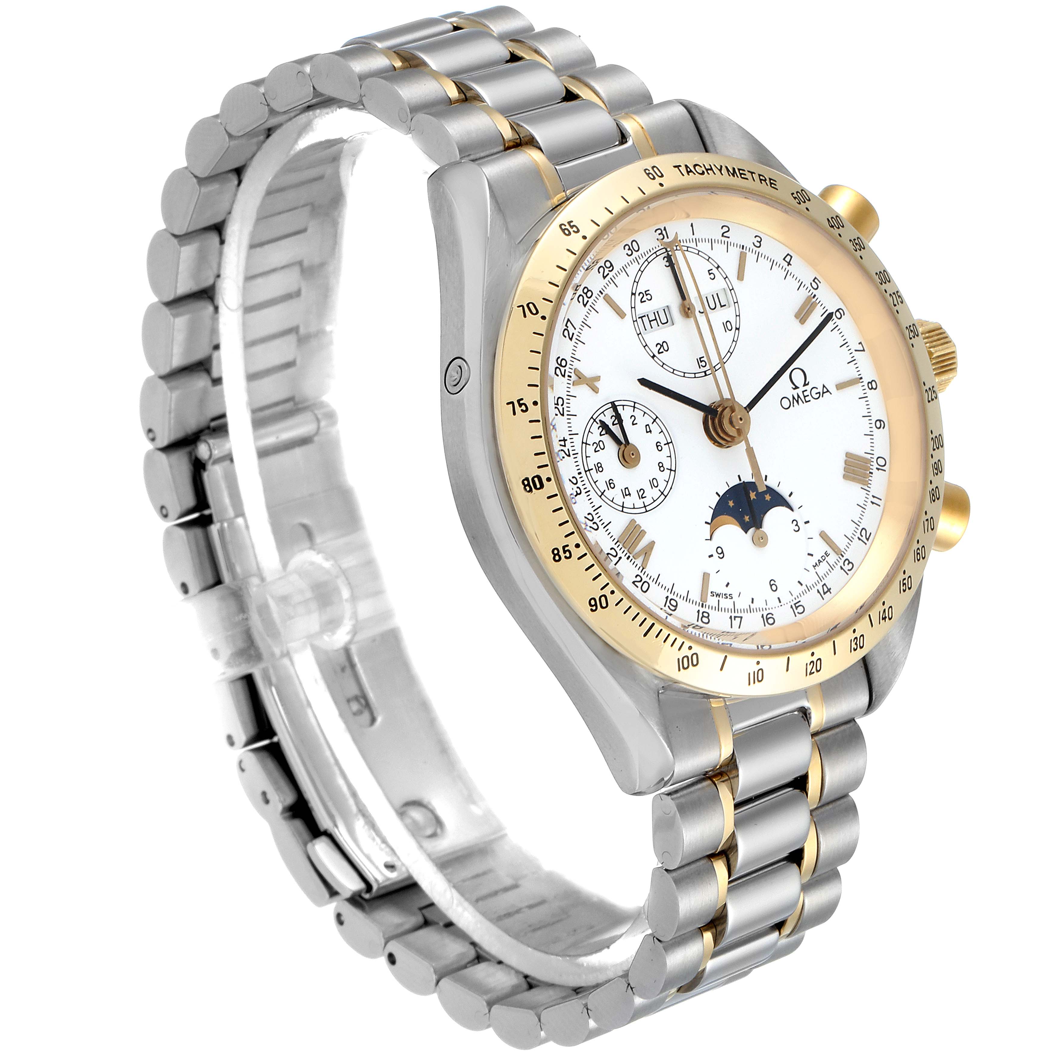 The image shows an Omega Speedmaster 3330.20.00 Men's Steel and Gold (two tone) White Dial 3330.20.00 Men's Steel and Gold (two tone) White Dial watch from an angle highlighting the face, bezel, crown, pushers, and part of the bracelet.