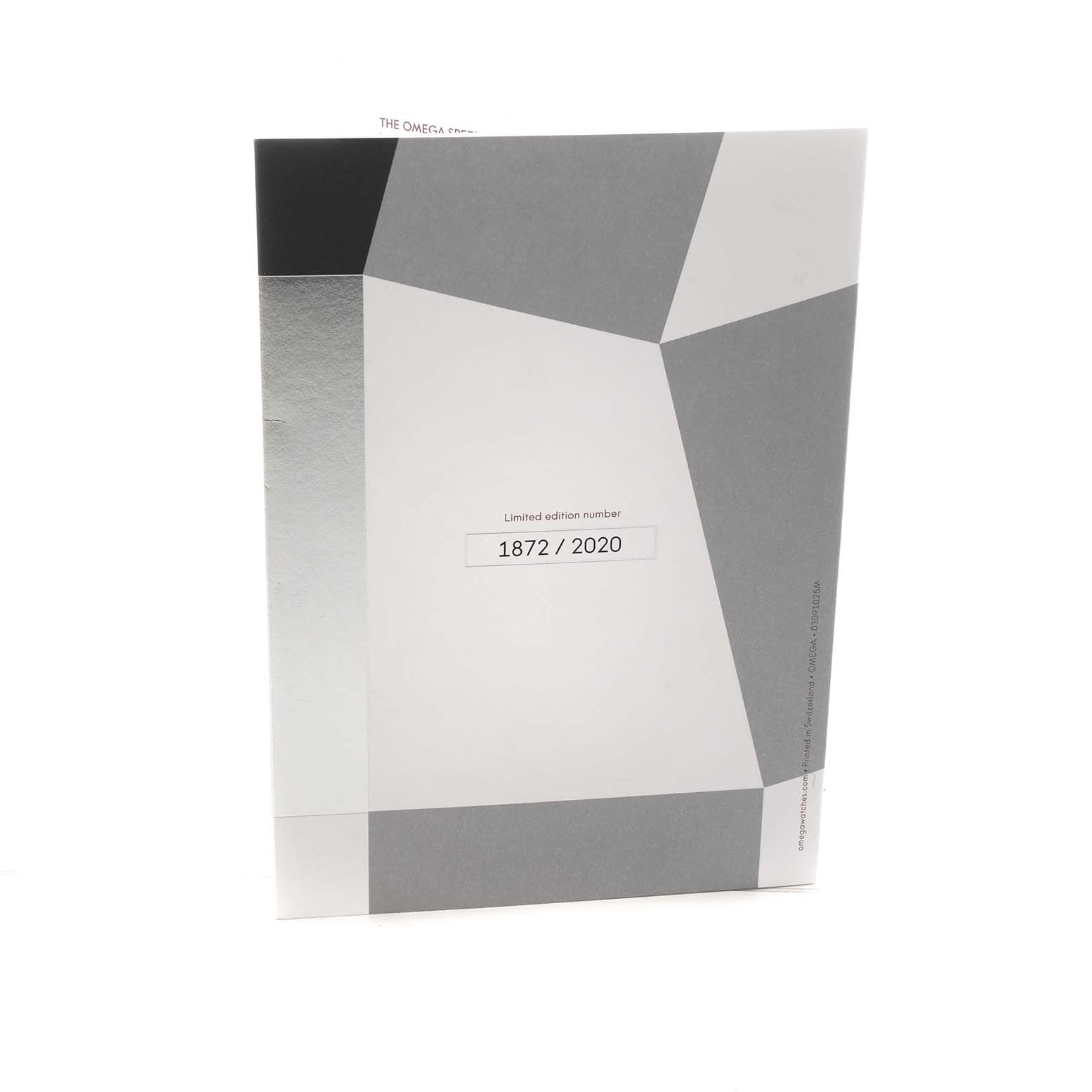 This image shows the cover of the Omega Speedmaster 522.30.42.30.04.001 Men's Stainless Steel White Dial's certificate or booklet, featuring its limited edition number.