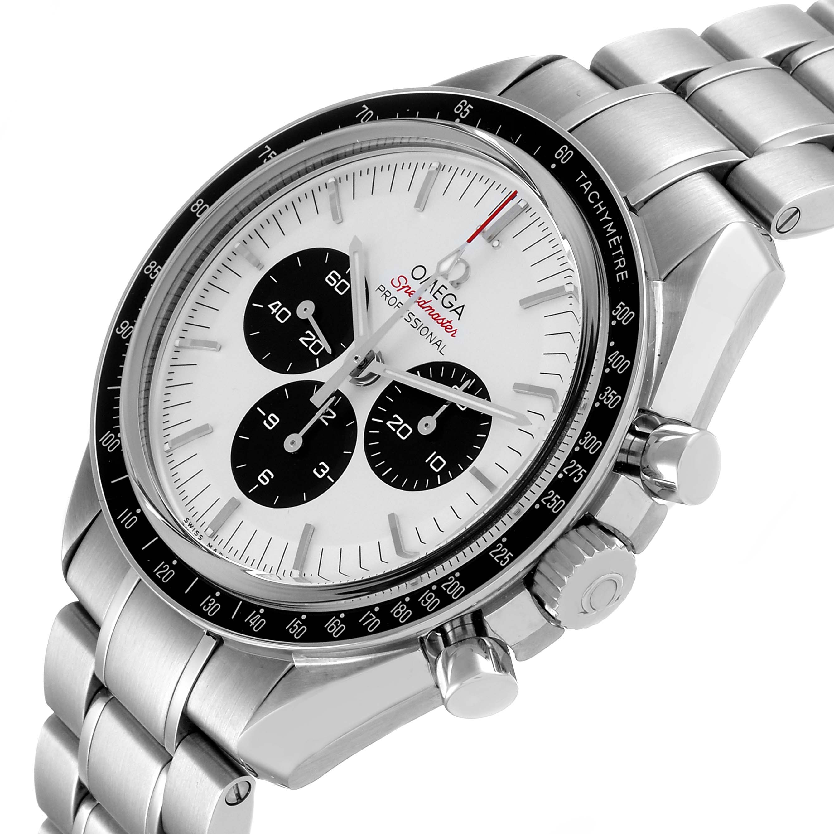 The Omega Speedmaster 522.30.42.30.04.001 Men's Stainless Steel White Dial watch is shown from a three-quarter angle, highlighting the dial, bezel, pushers, crown, and bracelet.