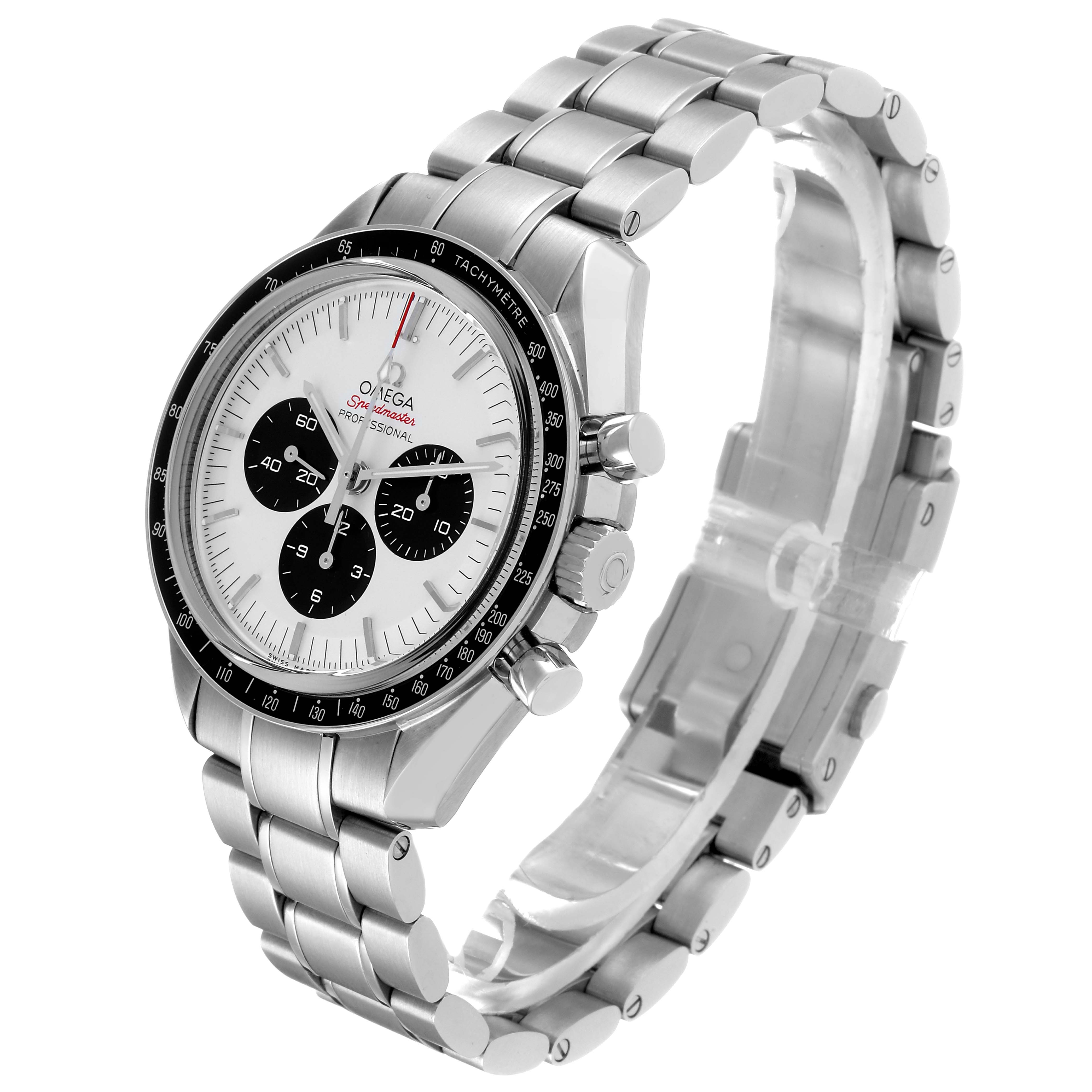 The Omega Speedmaster 522.30.42.30.04.001 Men's Stainless Steel White Dial watch is shown at a three-quarter angle, displaying the dial, bezel, pushers, crown, and bracelet.