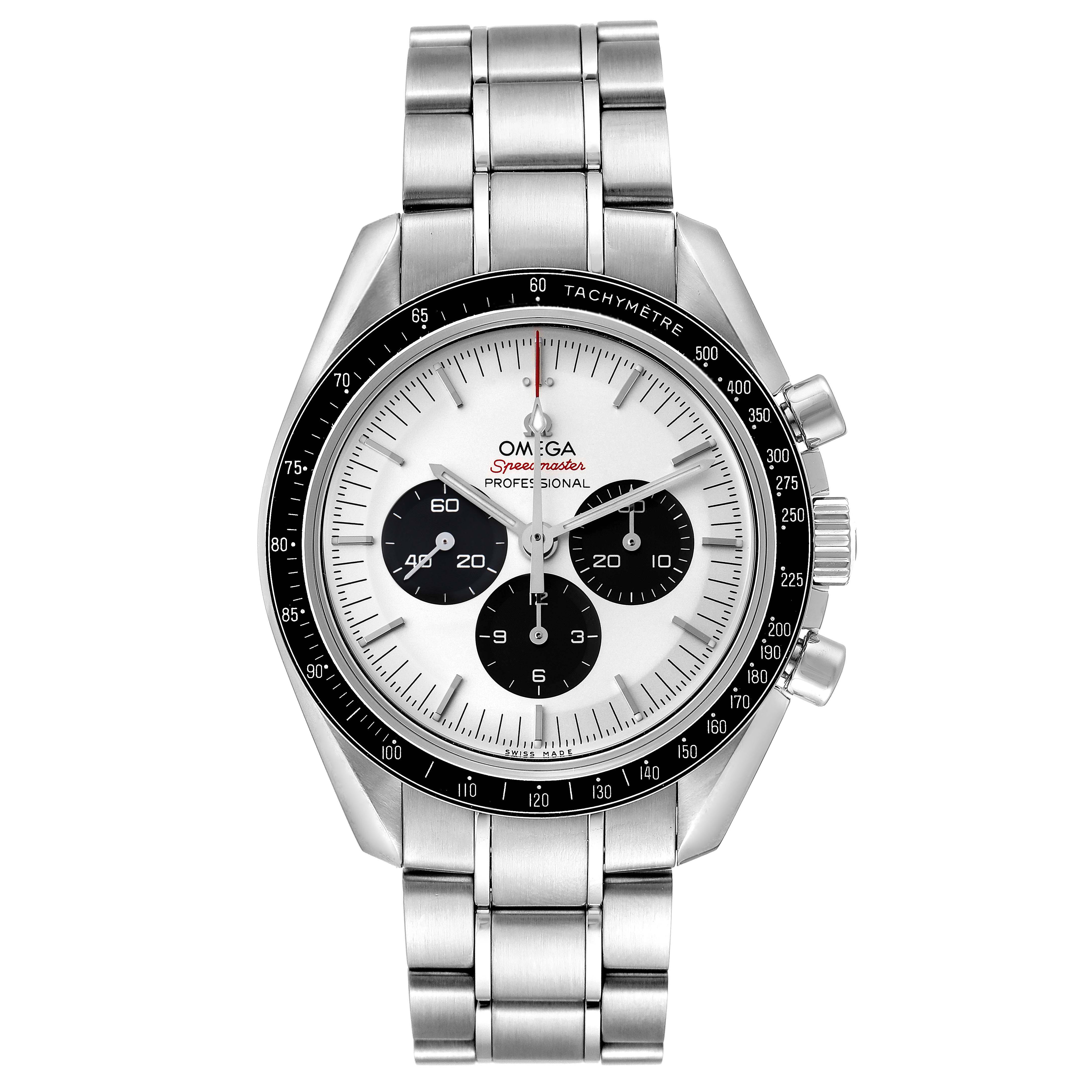 The Omega Speedmaster 522.30.42.30.04.001 Men's Stainless Steel White Dial watch is shown from a front angle, displaying the dial, bezel with tachymeter scale, and metal bracelet.
