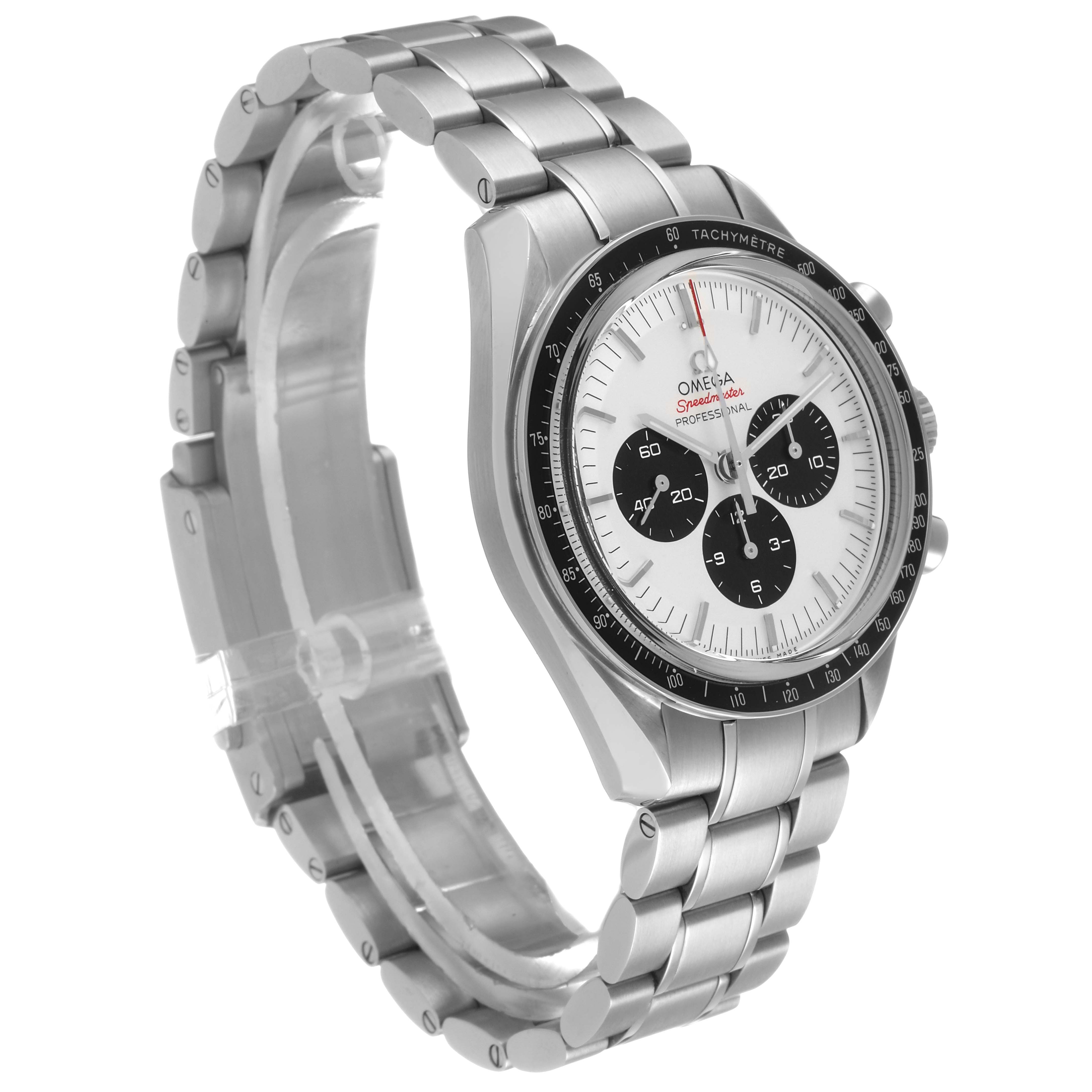 The Omega Speedmaster 522.30.42.30.04.001 Men's Stainless Steel White Dial watch is shown at a side angle, highlighting its dial, bezel, and metal bracelet.