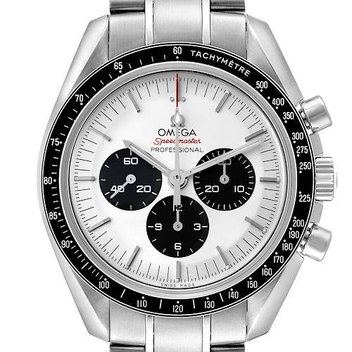 The Omega Speedmaster 522.30.42.30.04.001 Men's Stainless Steel White Dial watch is shown from a front angle, displaying the dial, subdials, bezel, and pushers.