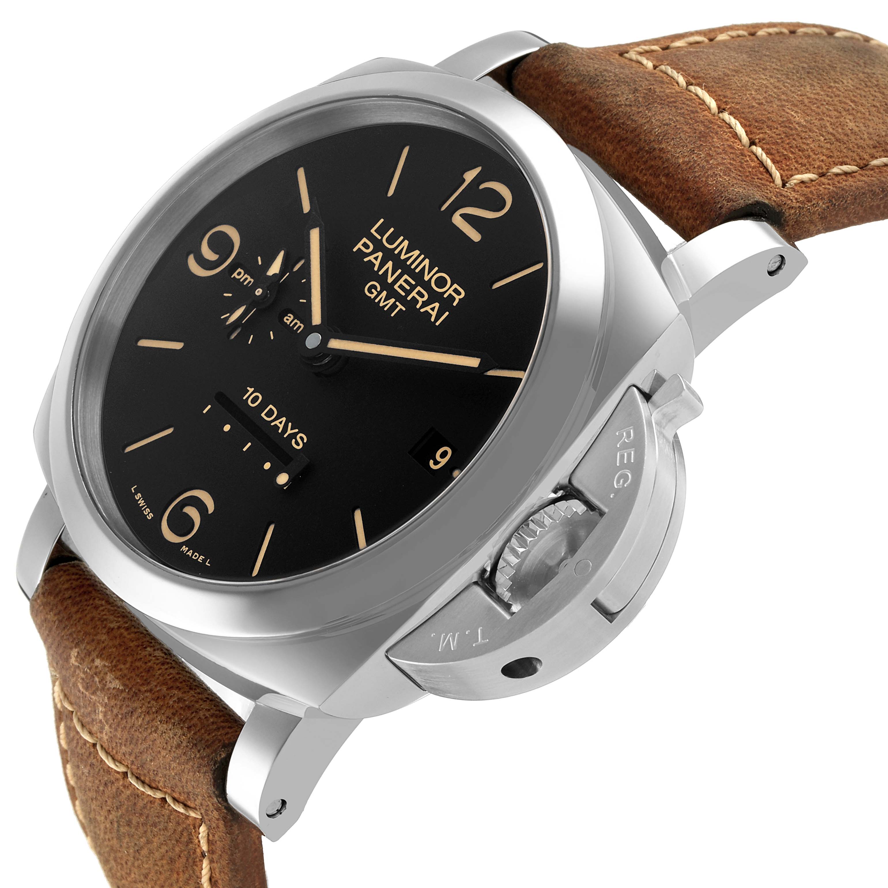 The Panerai Luminor PAM00533 Men's Stainless Steel Black Dial watch is shown at an angled side view, highlighting the dial, crown guard, and leather strap.