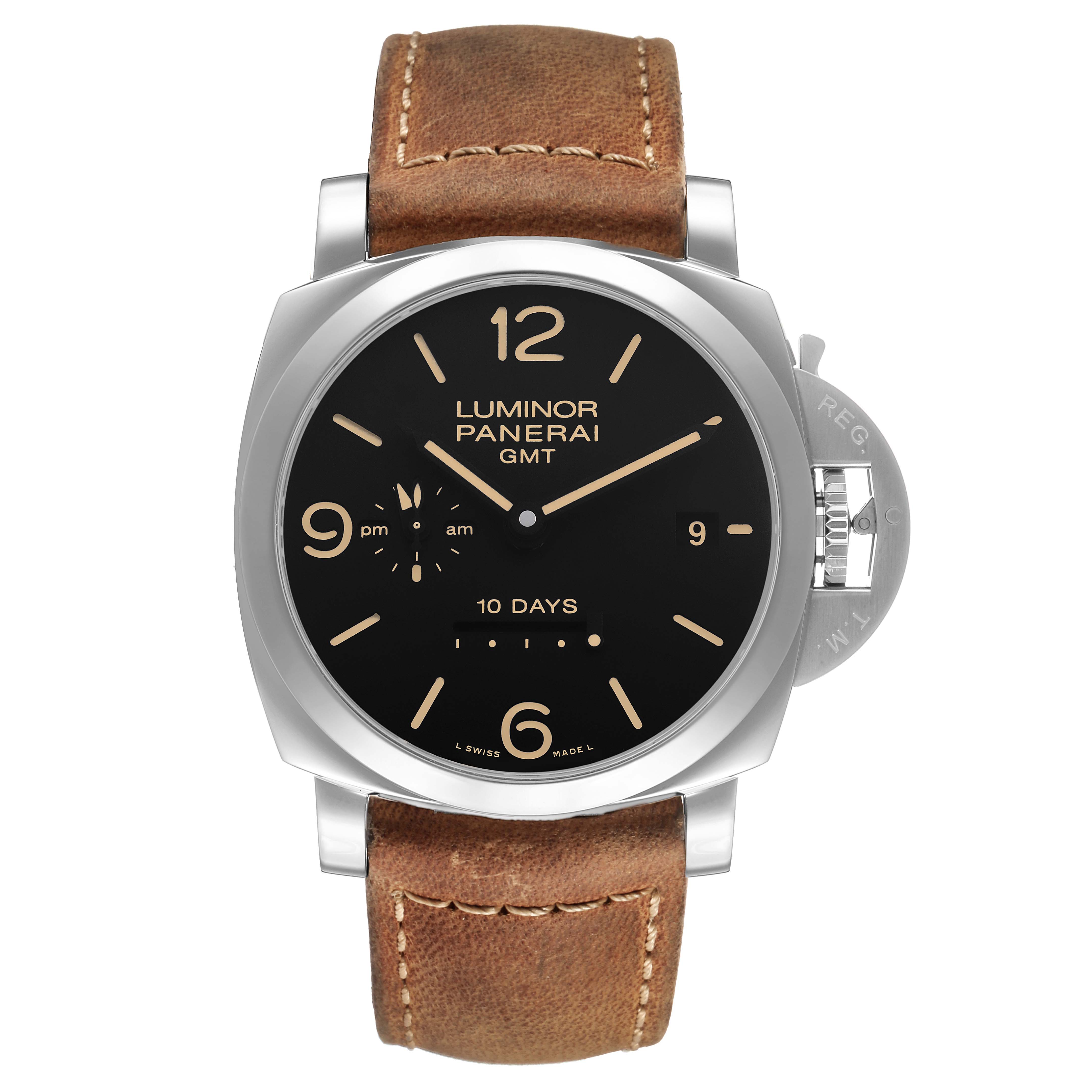 The Panerai Luminor PAM00533 Men's Stainless Steel Black Dial watch is shown from a top view, featuring its black dial, crown guard, and brown leather strap.