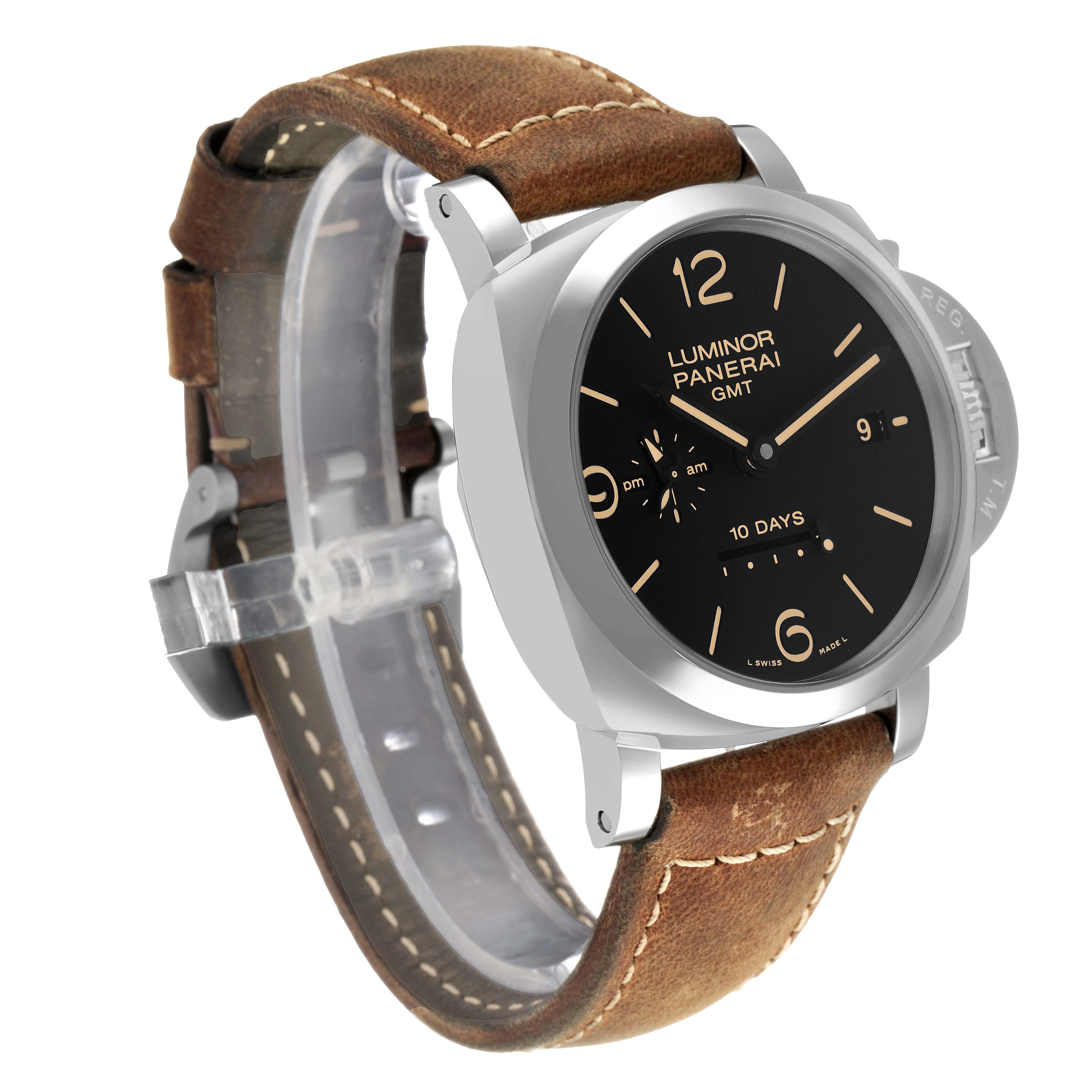 The Panerai Luminor PAM00533 Men's Stainless Steel Black Dial watch is shown at a three-quarter angle, highlighting the dial, crown guard, and leather strap.