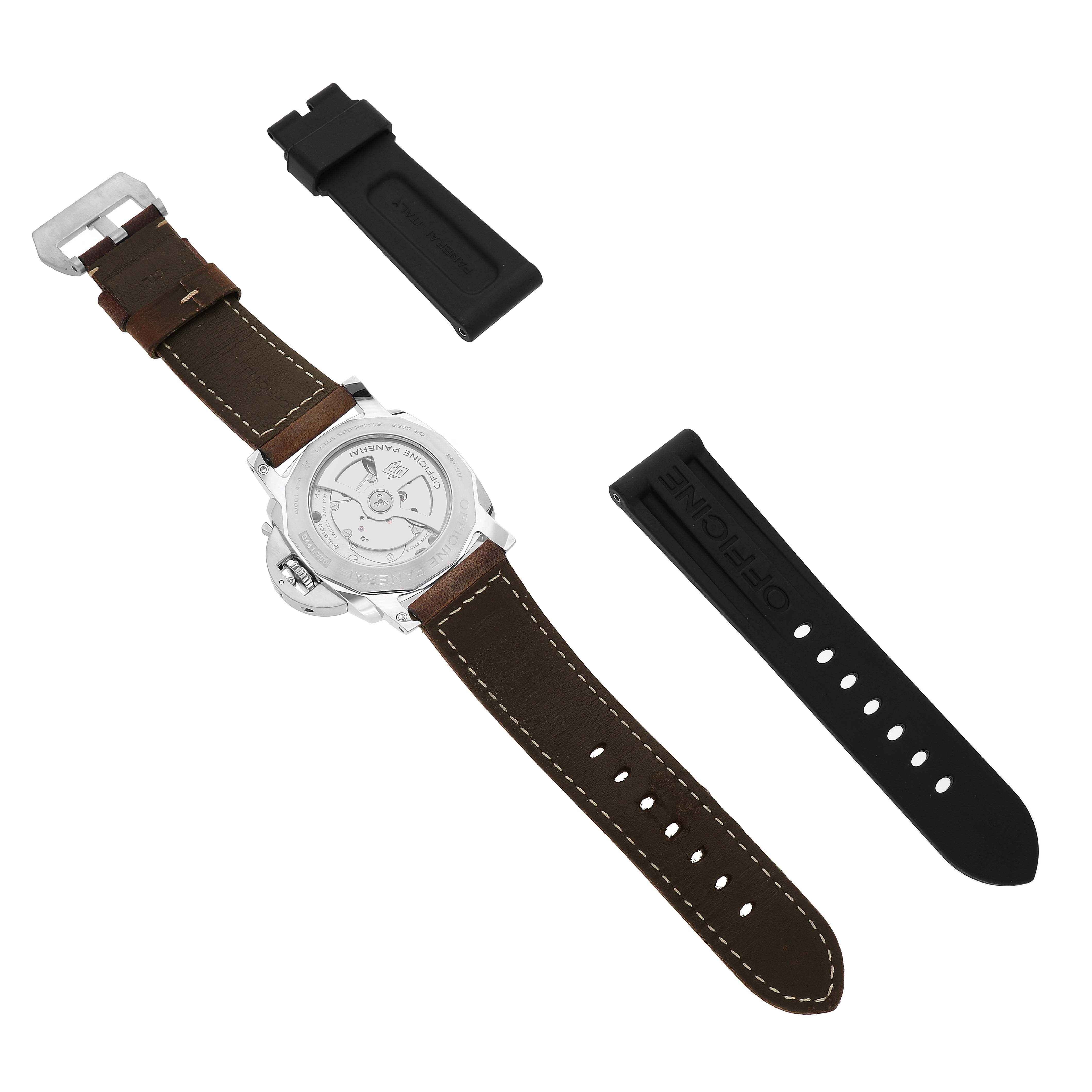 The Panerai Luminor PAM00533 Men's Stainless Steel Black Dial watch is shown from the back, with a brown leather strap and black rubber strap accessories.