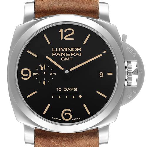 The Panerai Luminor PAM00533 Men's Stainless Steel Black Dial watch is shown from a front angle, highlighting its dial, case, and crown guard with a leather strap.