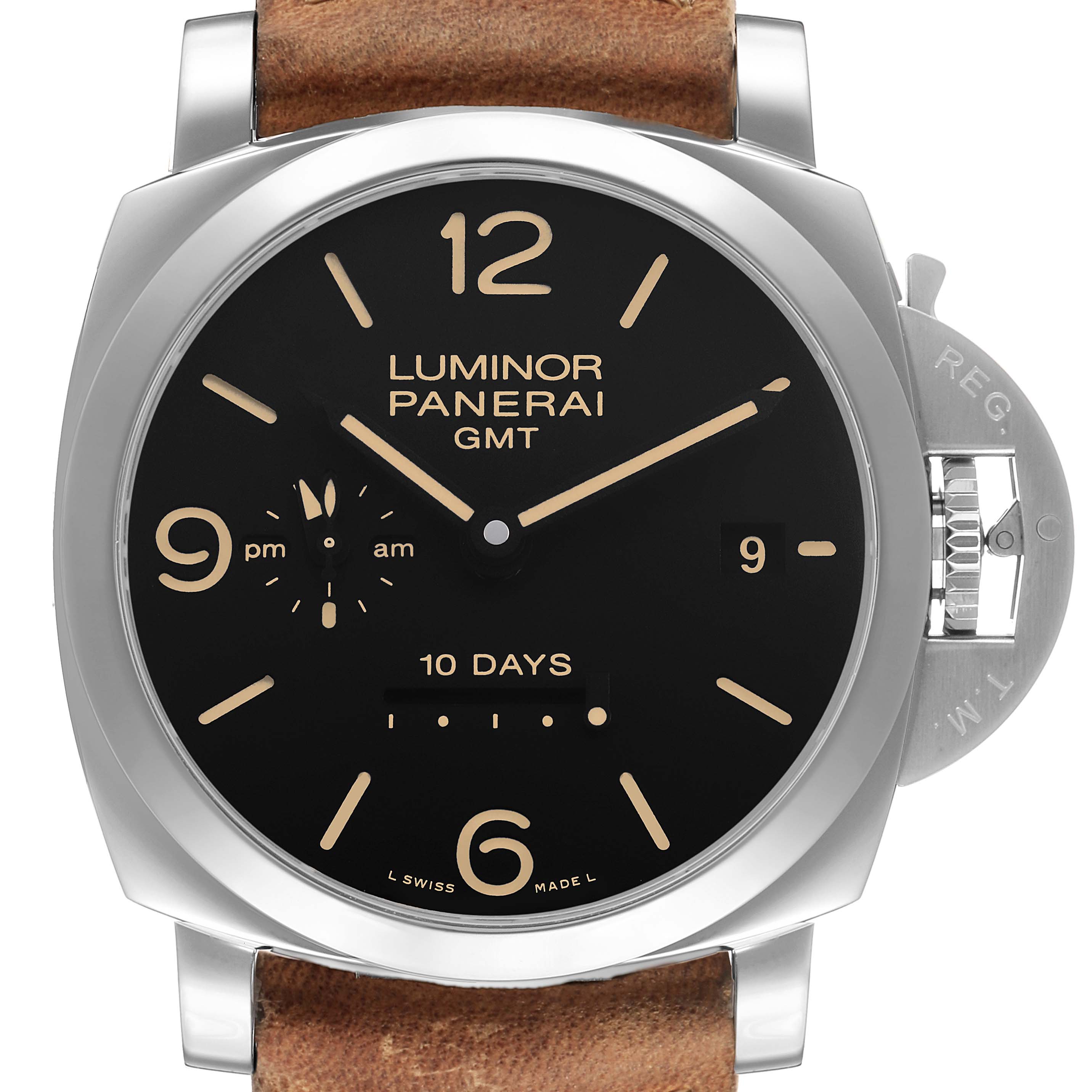 The Panerai Luminor PAM00533 Men's Stainless Steel Black Dial watch is shown from a front angle, displaying the dial, hands, and signature crown guard.