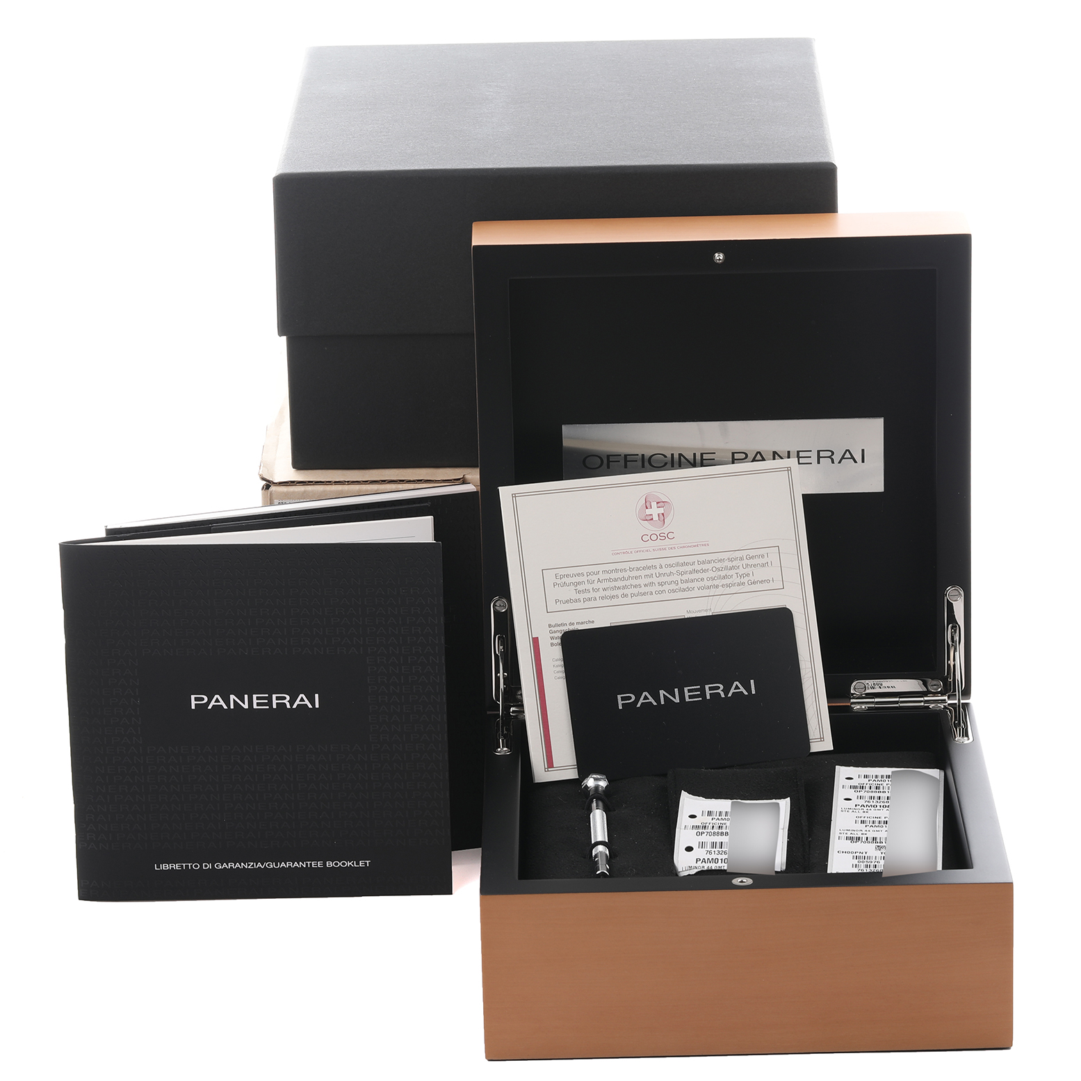 The image shows the Panerai Luminor PAM01088 Men's Stainless Steel Black Dial PAM01088 Men's Stainless Steel Black Dial packaging, including a box, booklets, and accessories, viewed from the front.