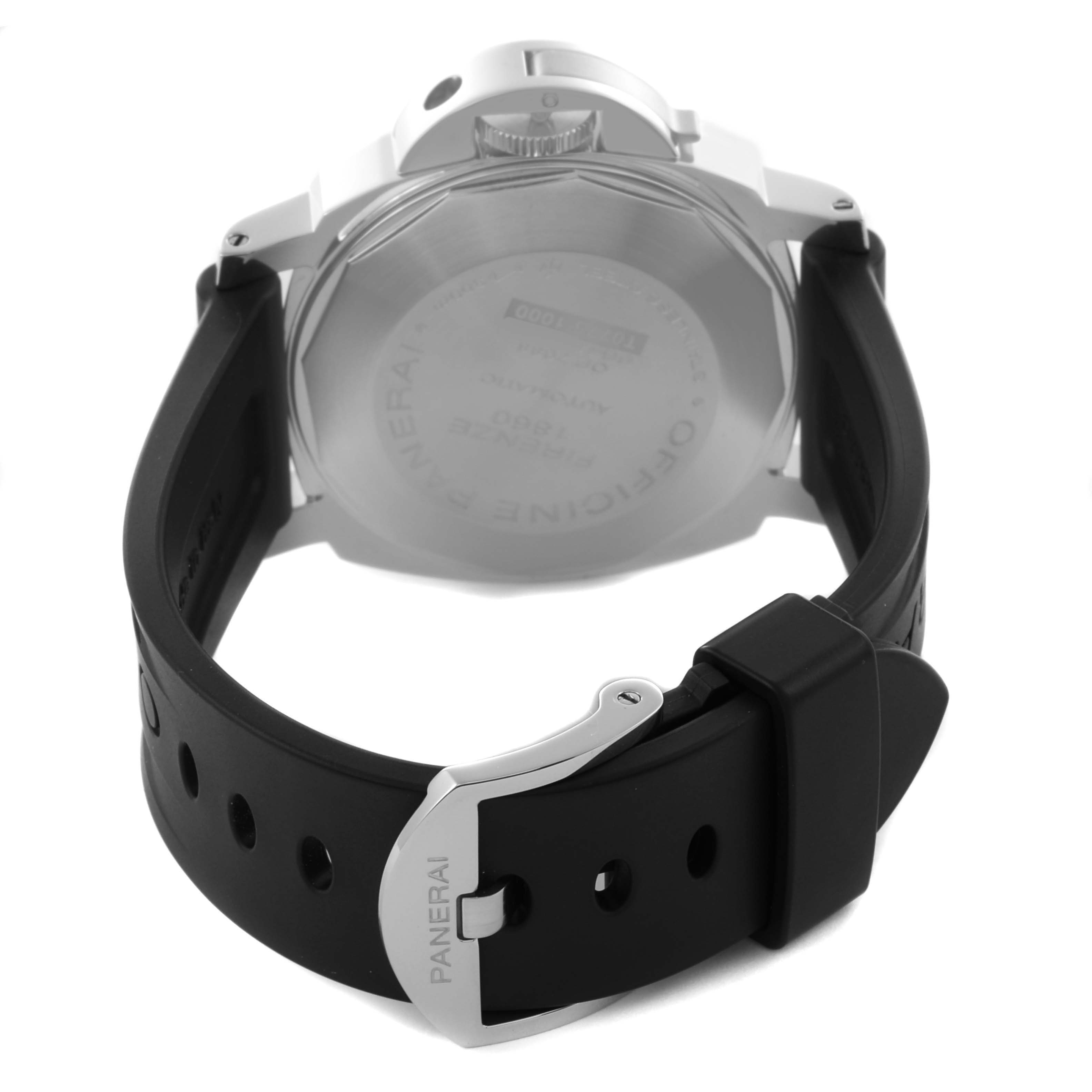 The image shows the back and side of a Panerai Luminor PAM01088 Men's Stainless Steel Black Dial PAM01088 Men's Stainless Steel Black Dial watch, featuring its strap and buckle.