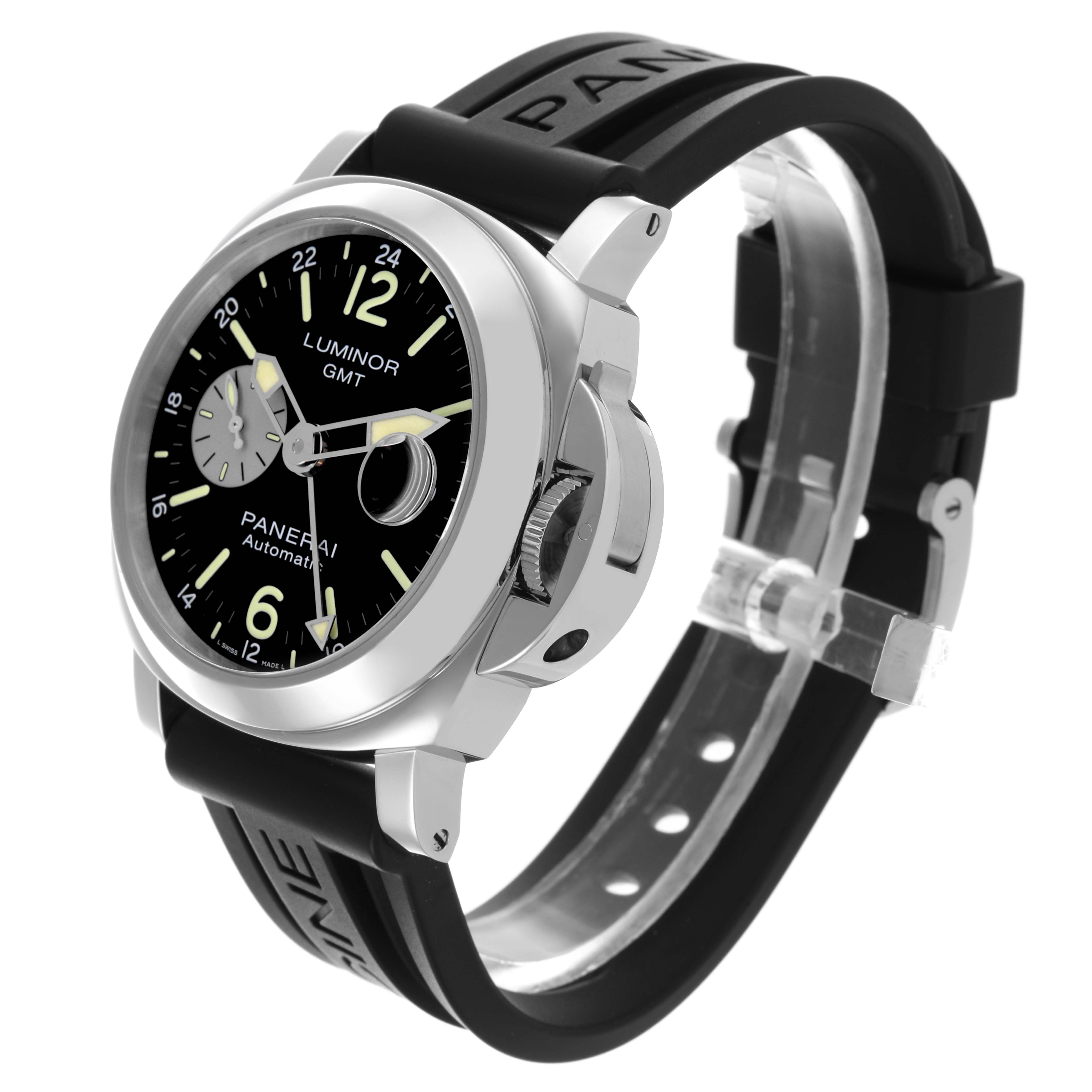 The Panerai Luminor PAM01088 Men's Stainless Steel Black Dial PAM01088 Men's Stainless Steel Black Dial watch is shown at a three-quarter angle, highlighting the face, crown guard, and rubber strap.