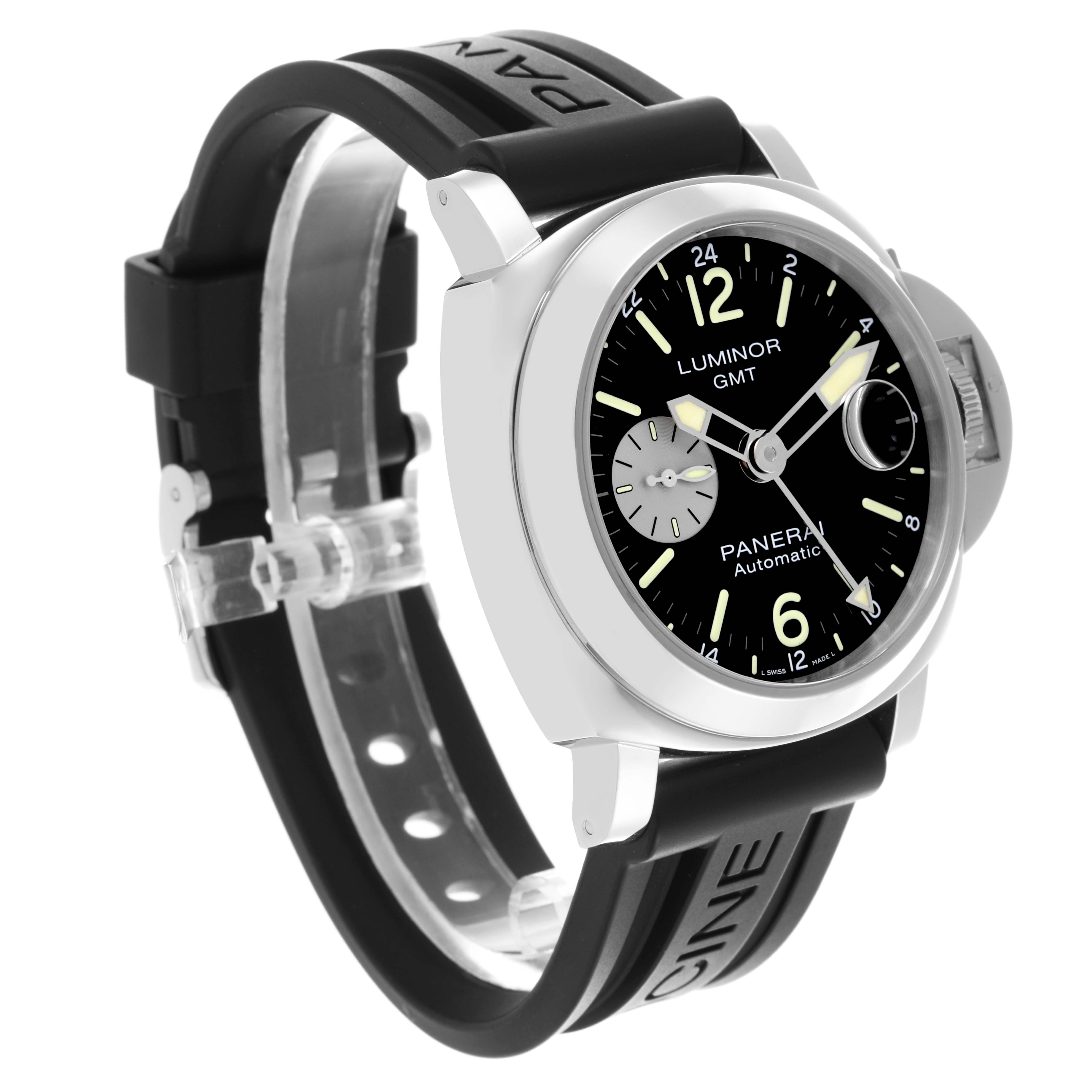 The Panerai Luminor PAM01088 Men's Stainless Steel Black Dial PAM01088 Men's Stainless Steel Black Dial watch is shown from a three-quarter angle, highlighting the dial, case, and rubber strap.