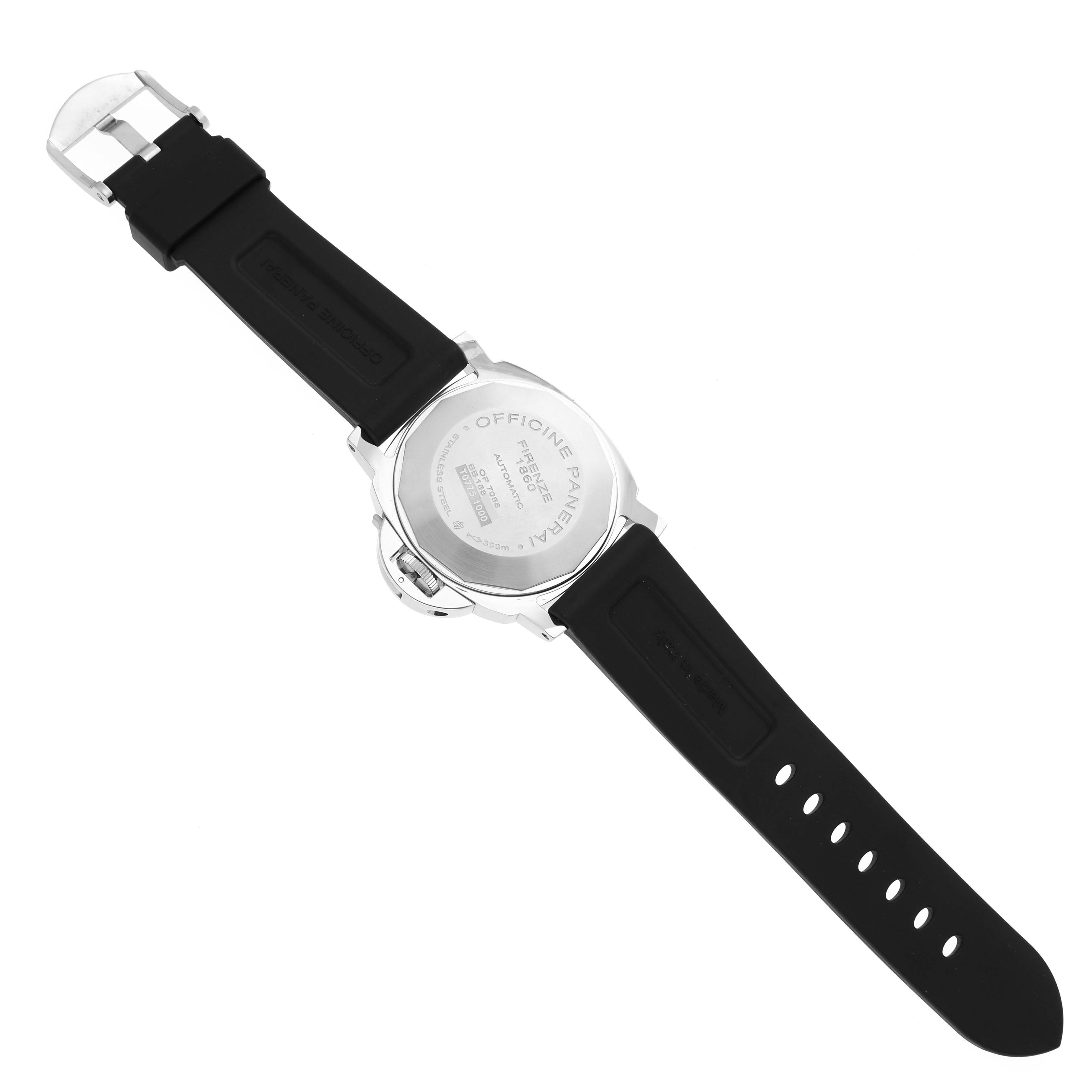 The watch shows the back view of a Panerai Luminor PAM01088 Men's Stainless Steel Black Dial PAM01088 Men's Stainless Steel Black Dial, highlighting the case back and black rubber strap.