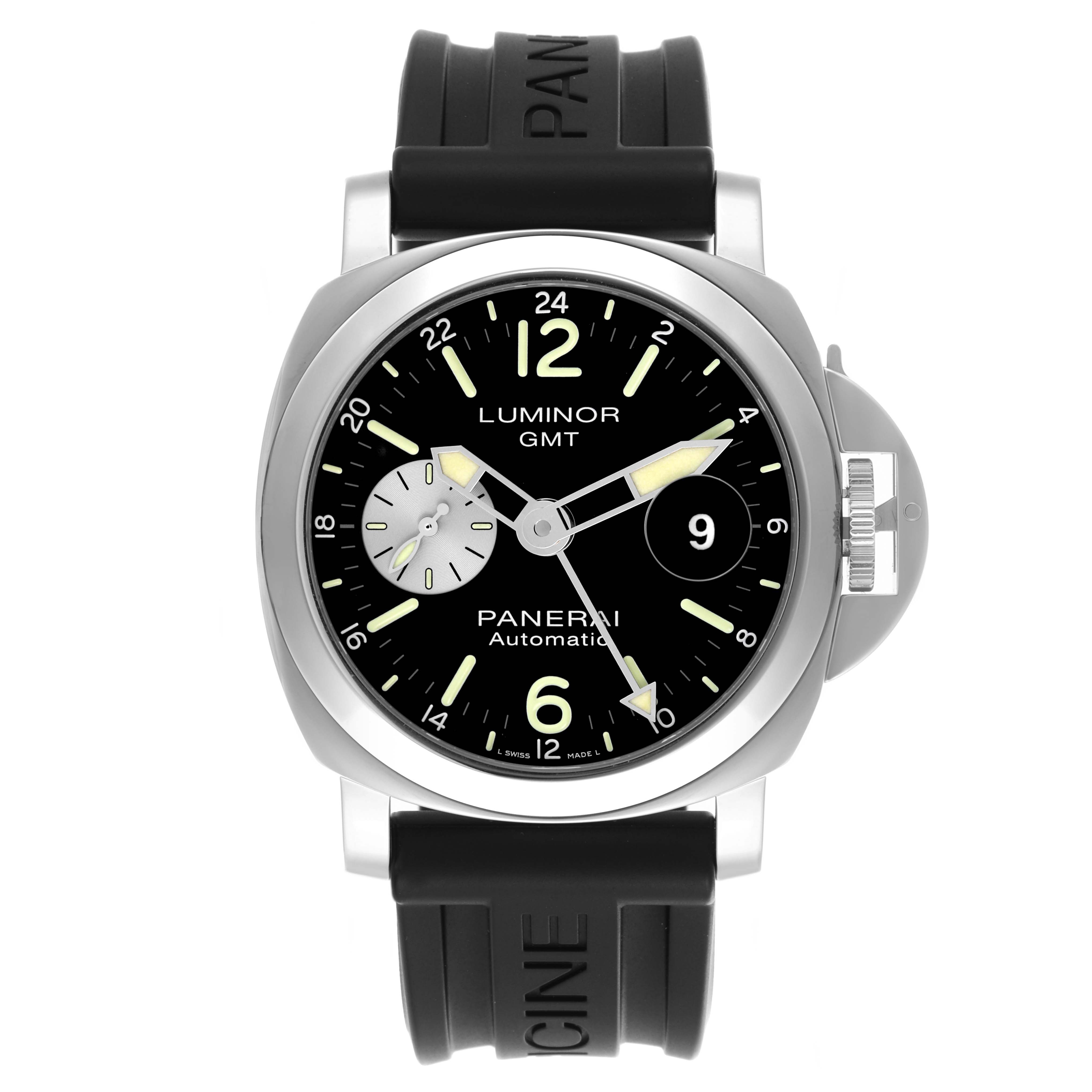 This Panerai Luminor PAM01088 Men's Stainless Steel Black Dial PAM01088 Men's Stainless Steel Black Dial model is shown from a front angle displaying the dial, case, crown guard, and black rubber strap.