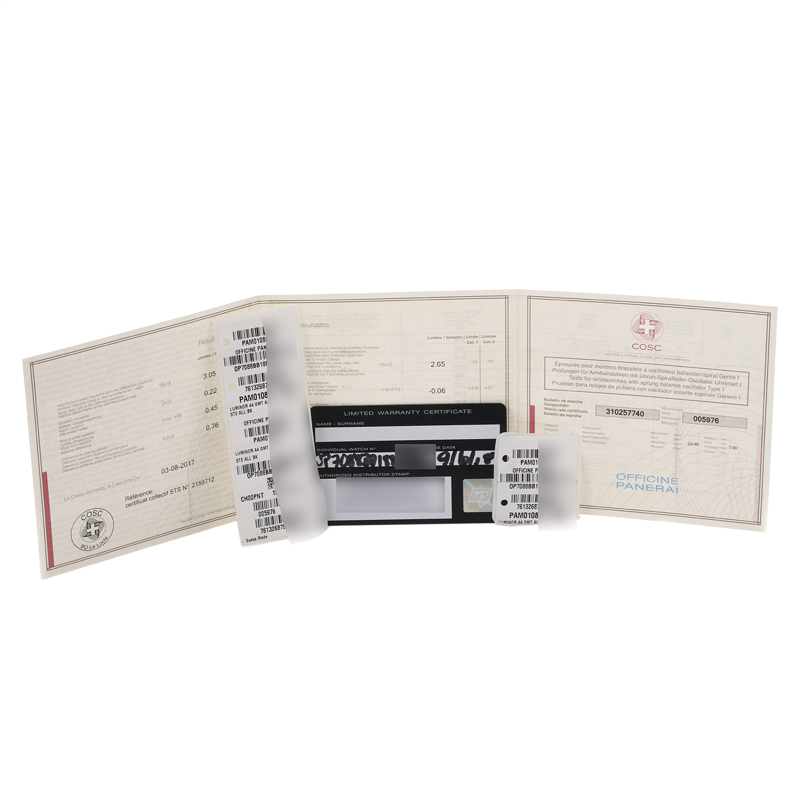 The image shows documentation and tags related to the Panerai Luminor PAM01088 Men's Stainless Steel Black Dial PAM01088 Men's Stainless Steel Black Dial model.