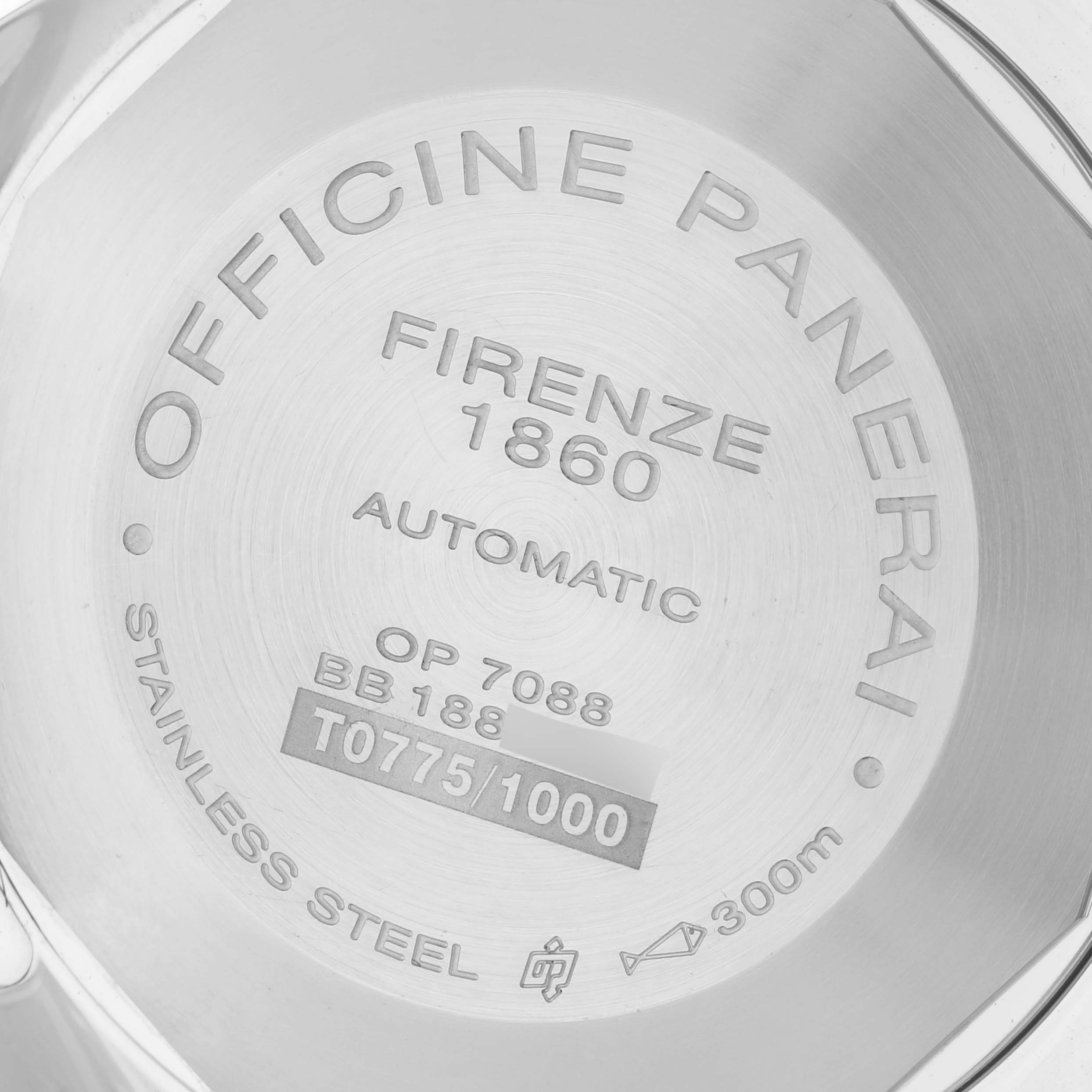 The image shows the back casing of a Panerai Luminor PAM01088 Men's Stainless Steel Black Dial PAM01088 Men's Stainless Steel Black Dial watch, displaying engraving details and specifications.