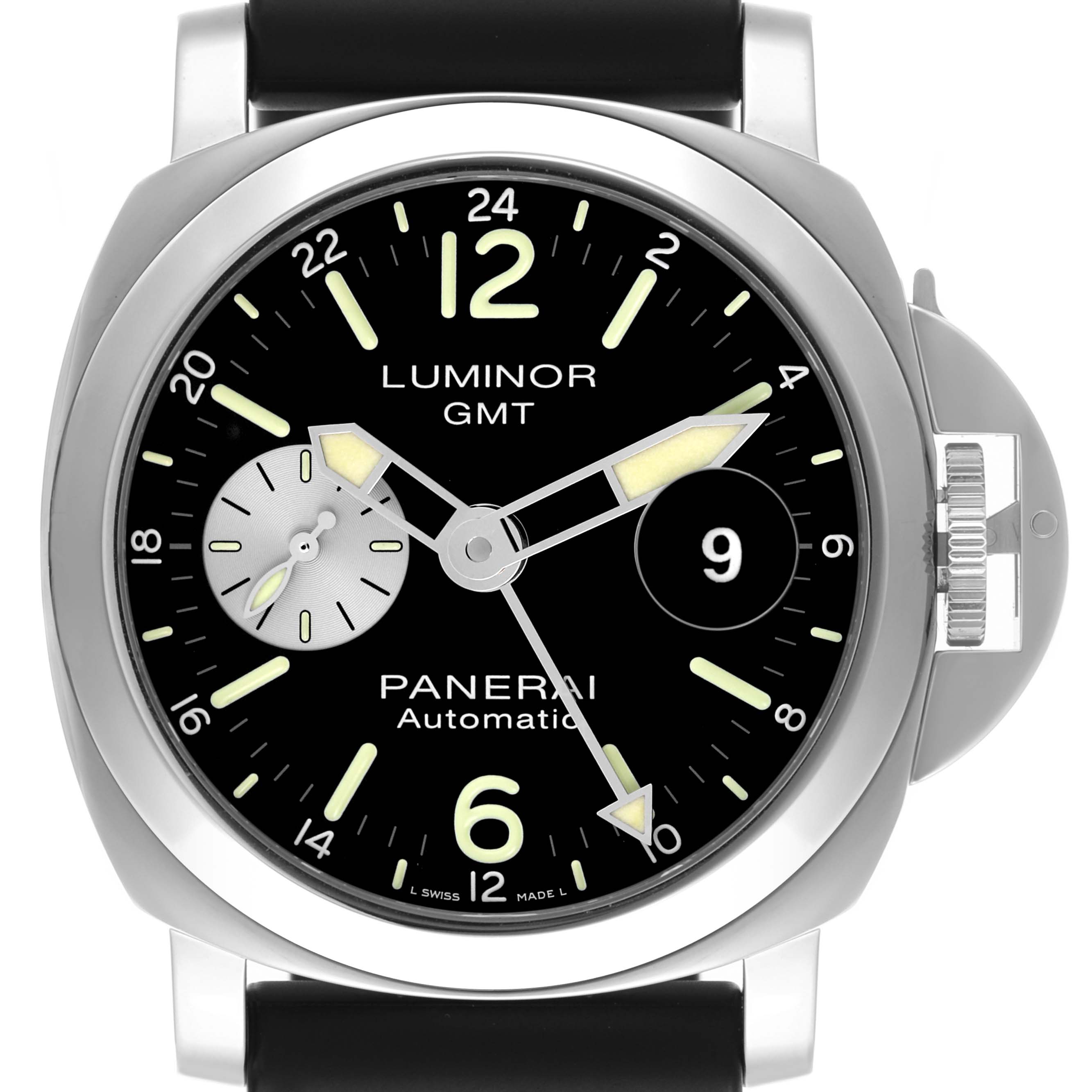 The image shows a front view of the Panerai Luminor PAM01088 Men's Stainless Steel Black Dial PAM01088 Men's Stainless Steel Black Dial watch, highlighting the dial, hands, and crown guard.