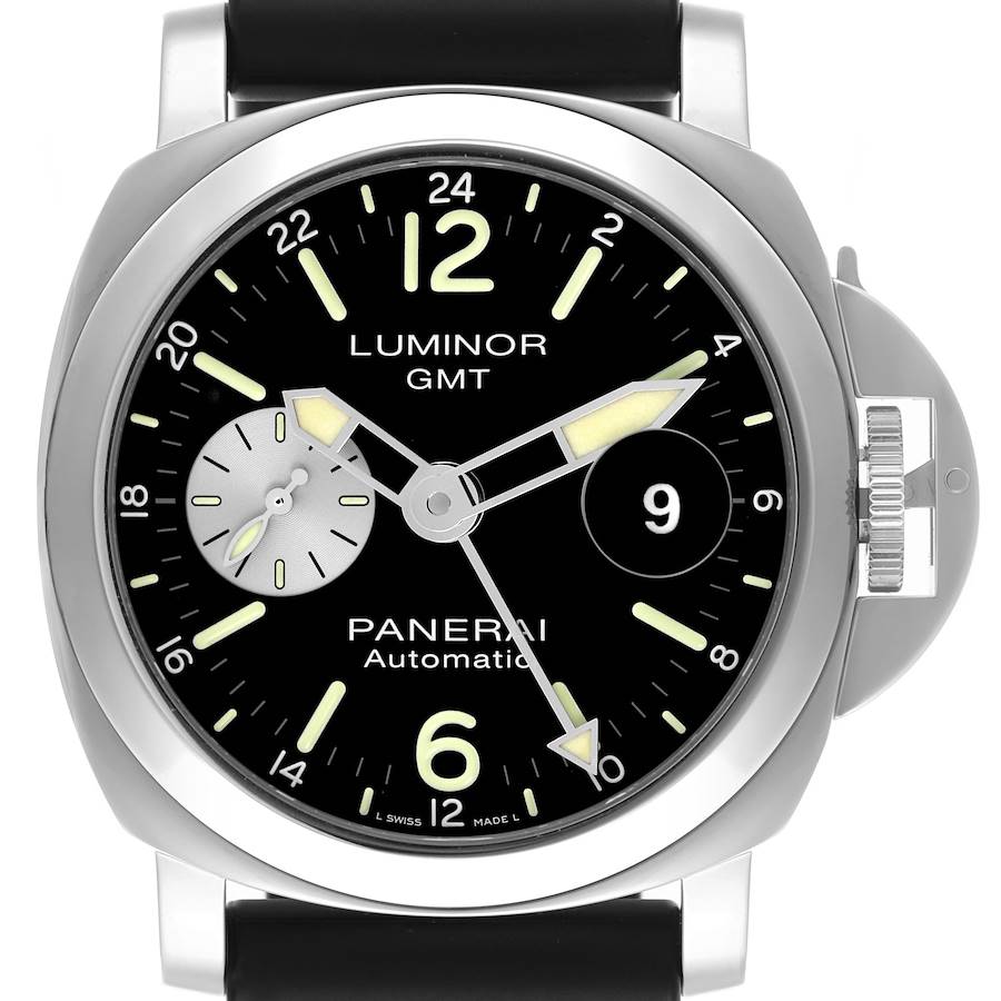 The image shows a front view of the Panerai Luminor watch, highlighting the dial, hands, and crown guard.