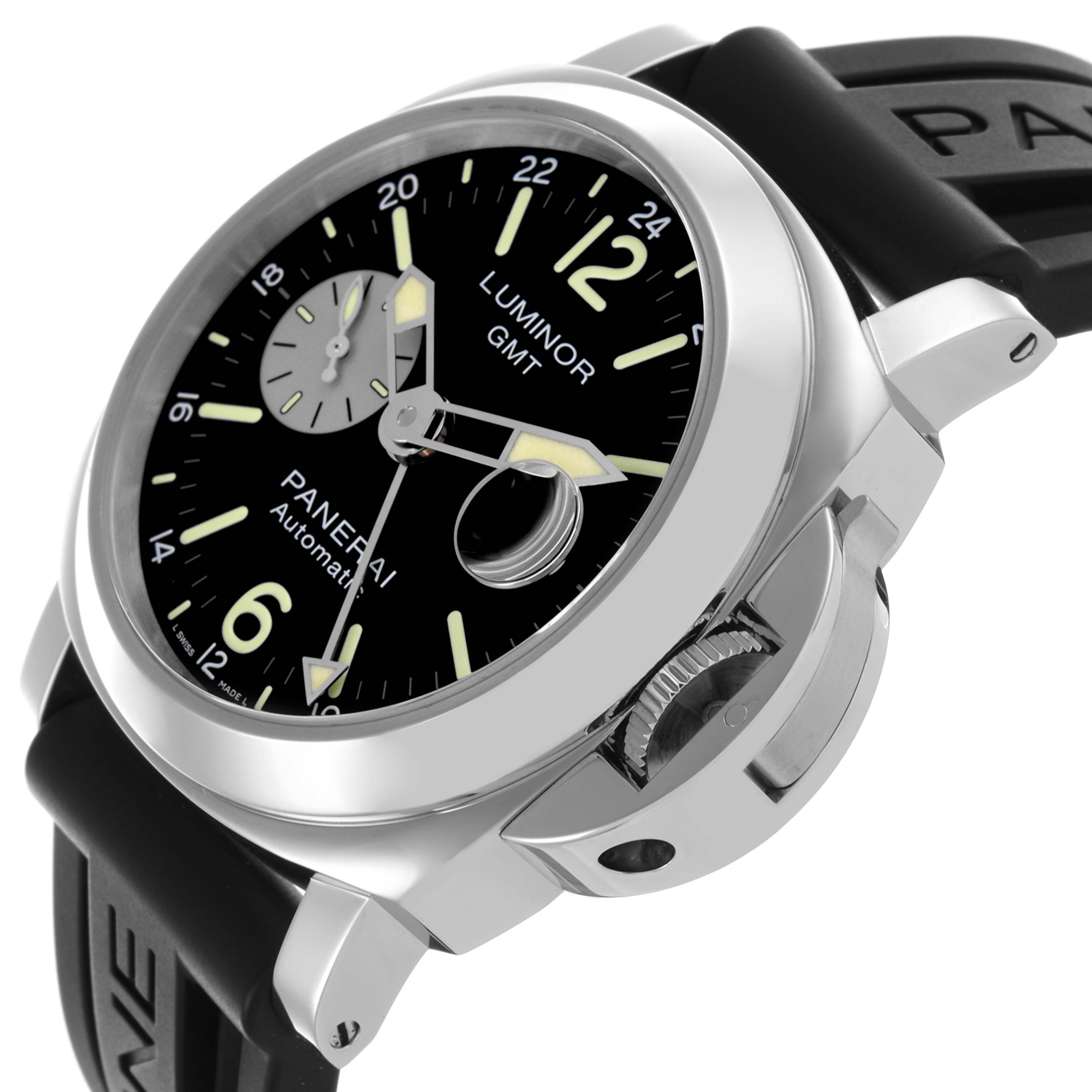 The Panerai Luminor PAM01088 Men's Stainless Steel Black Dial PAM01088 Men's Stainless Steel Black Dial watch is shown from a side angle, highlighting the crown guard and black strap.
