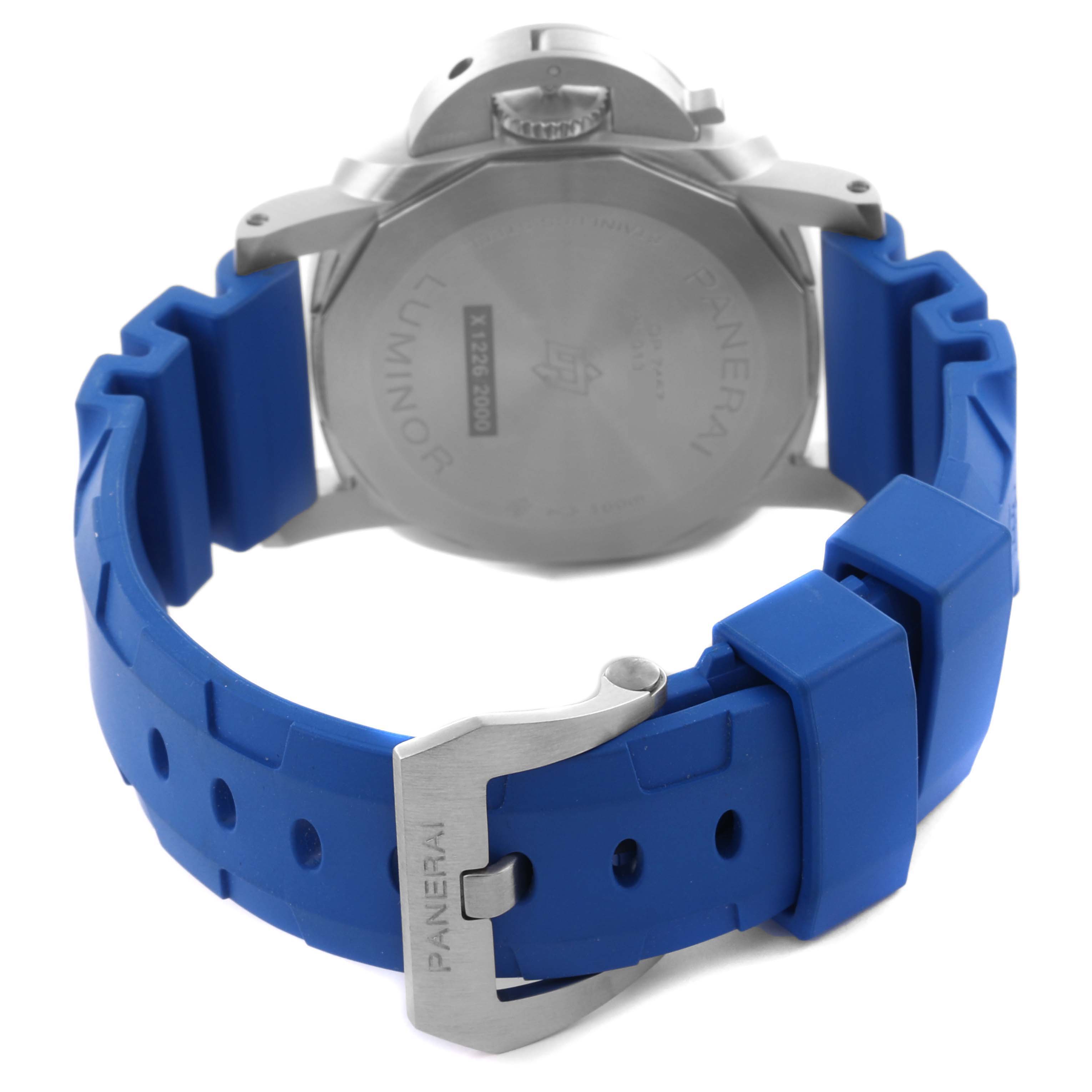 The image shows the back of a Panerai Luminor PAM01270 Men
s Stainless Steel Blue Dial PAM01270 Men
s Stainless Steel Blue Dial watch with a blue strap and buckle.