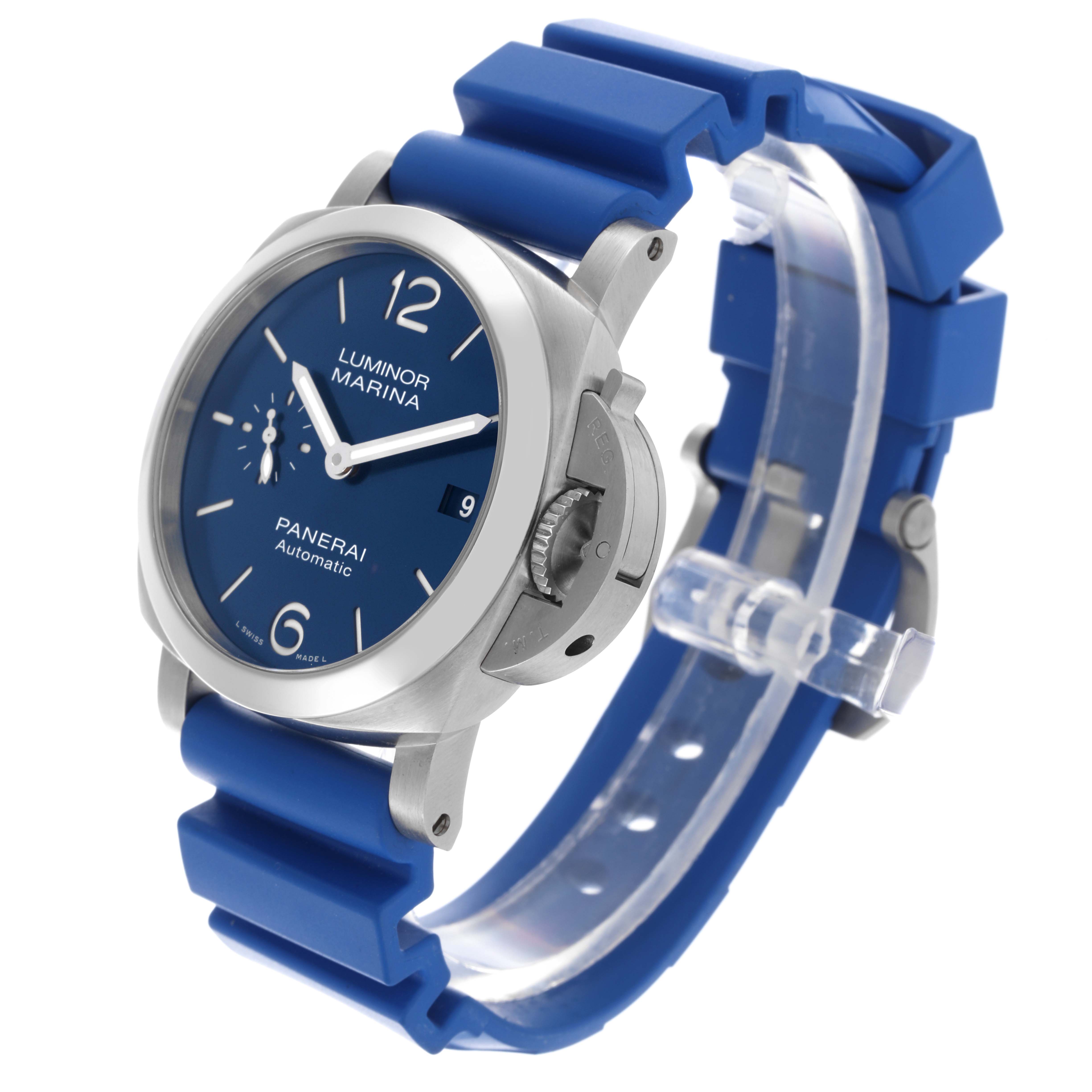 The Panerai Luminor PAM01270 Men
s Stainless Steel Blue Dial PAM01270 Men
s Stainless Steel Blue Dial model is shown at a three-quarter angle, highlighting the dial, crown guard, and blue strap.