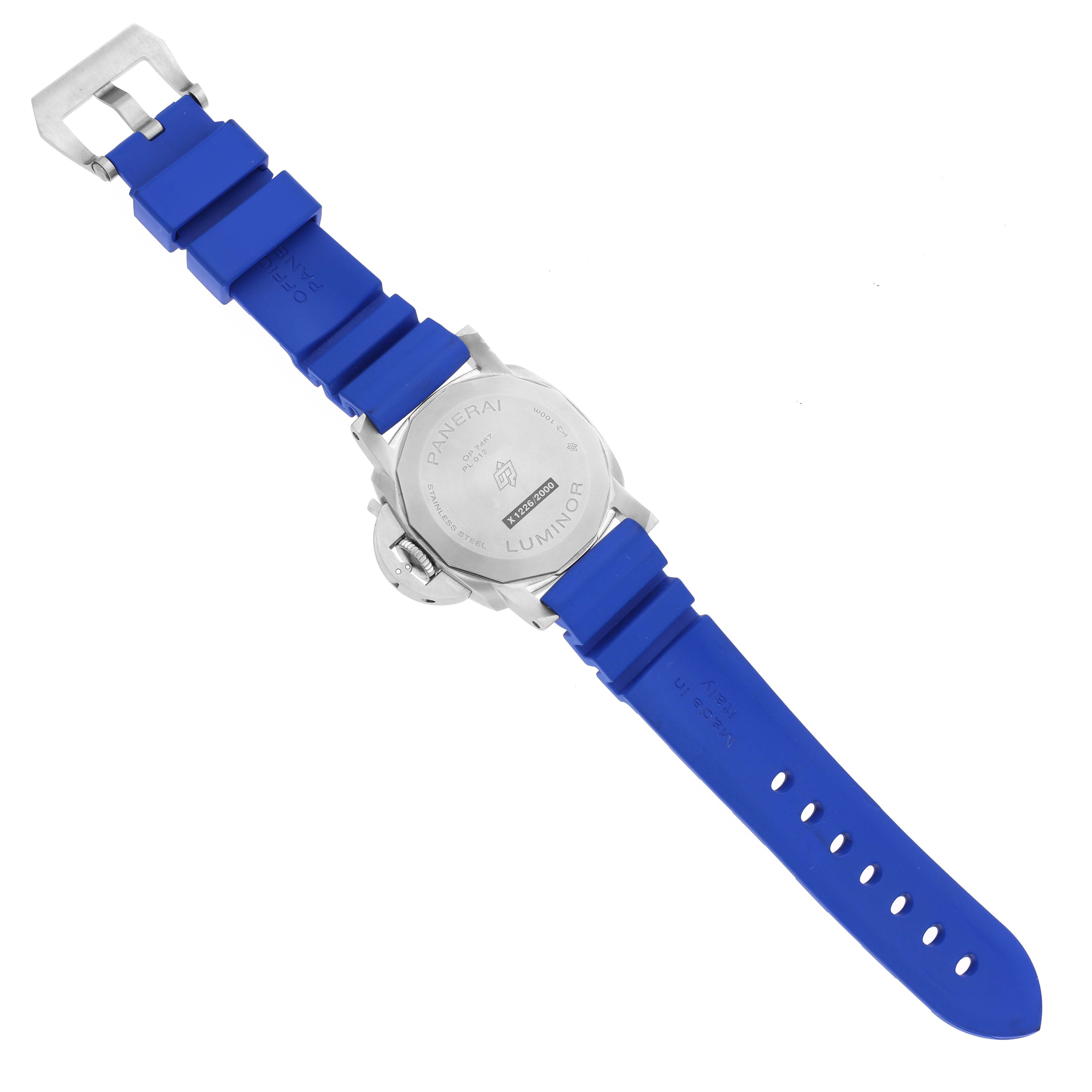 The image shows the back of the Panerai Luminor PAM01270 Men
s Stainless Steel Blue Dial PAM01270 Men
s Stainless Steel Blue Dial watch with a blue rubber strap and buckle.