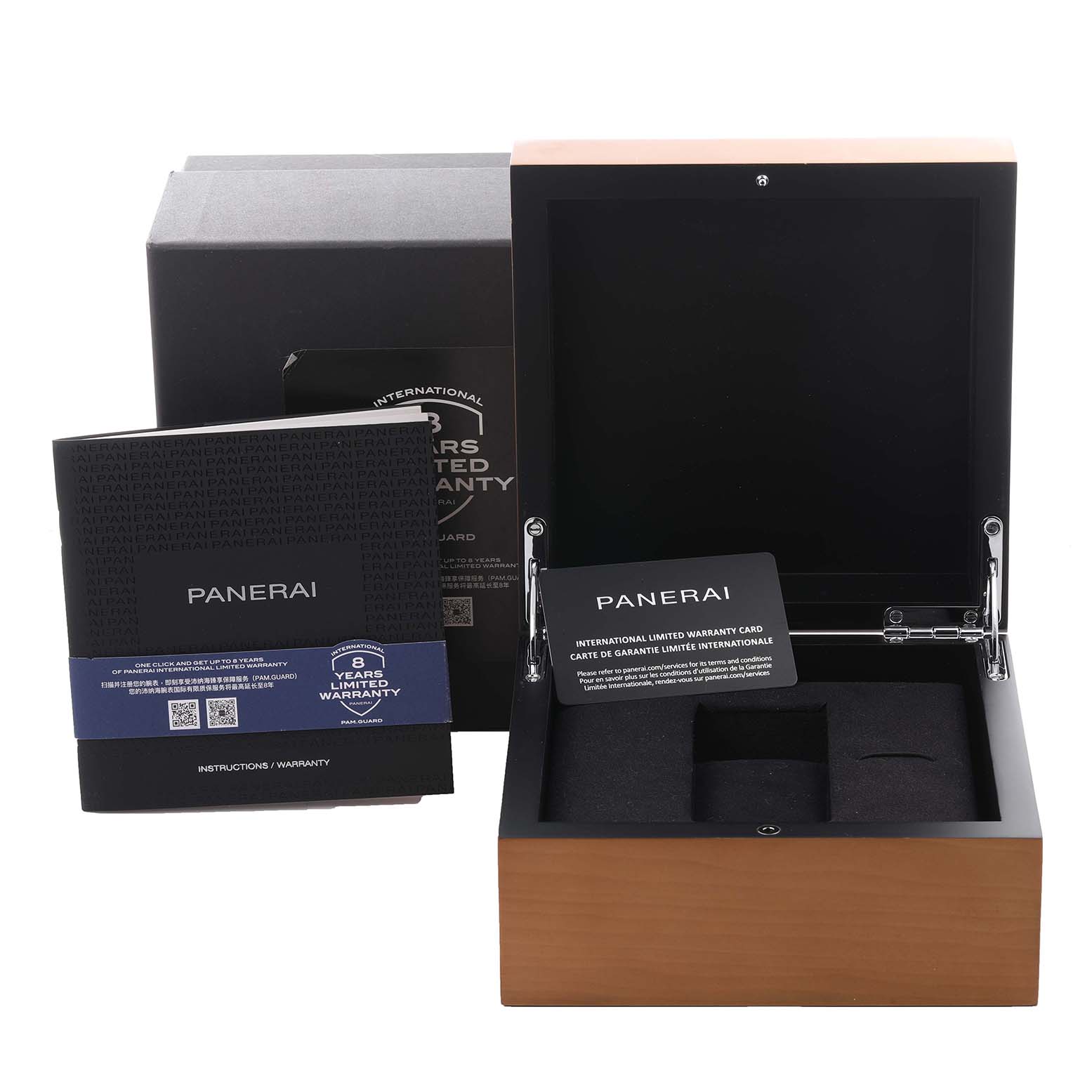 The image shows a Panerai Luminor PAM01270 Men
s Stainless Steel Blue Dial PAM01270 Men
s Stainless Steel Blue Dial watch box open with warranty cards and manuals displayed.