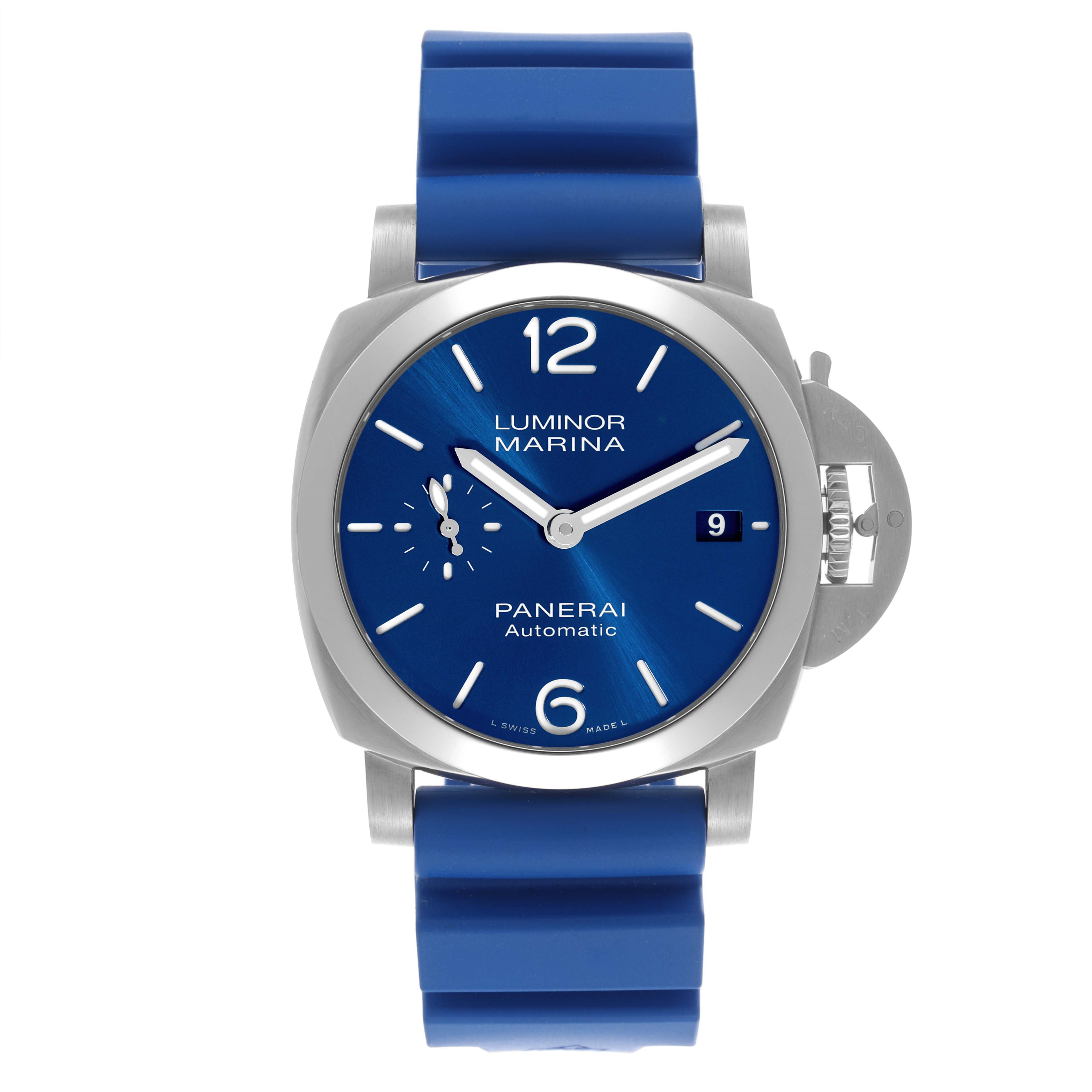 The Panerai Luminor PAM01270 Men
s Stainless Steel Blue Dial PAM01270 Men
s Stainless Steel Blue Dial watch is shown from the front, highlighting its blue dial, crown guard, and blue strap.