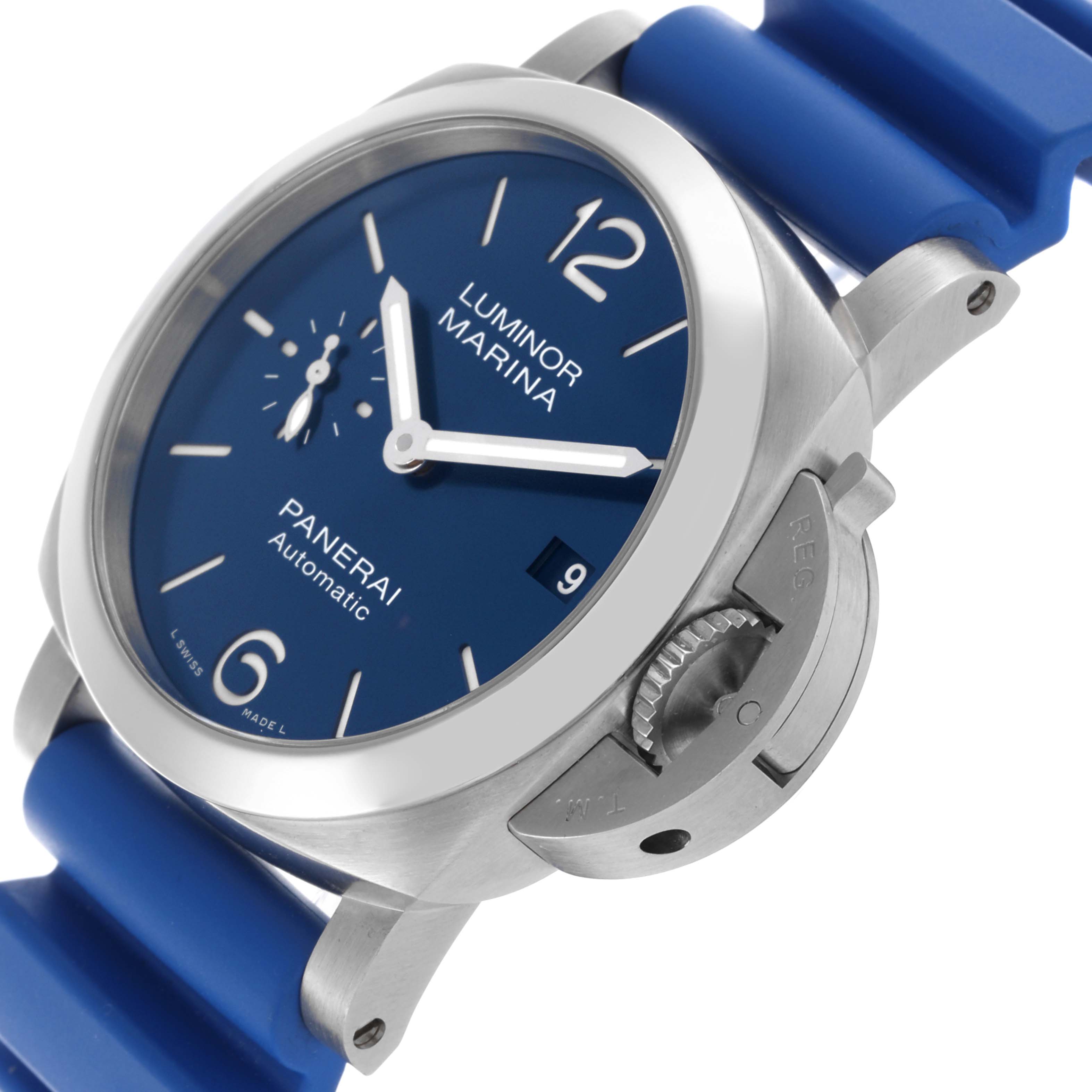The Panerai Luminor PAM01270 Men
s Stainless Steel Blue Dial PAM01270 Men
s Stainless Steel Blue Dial watch is shown at an angled close-up, highlighting the blue dial, crown guard, and blue strap.