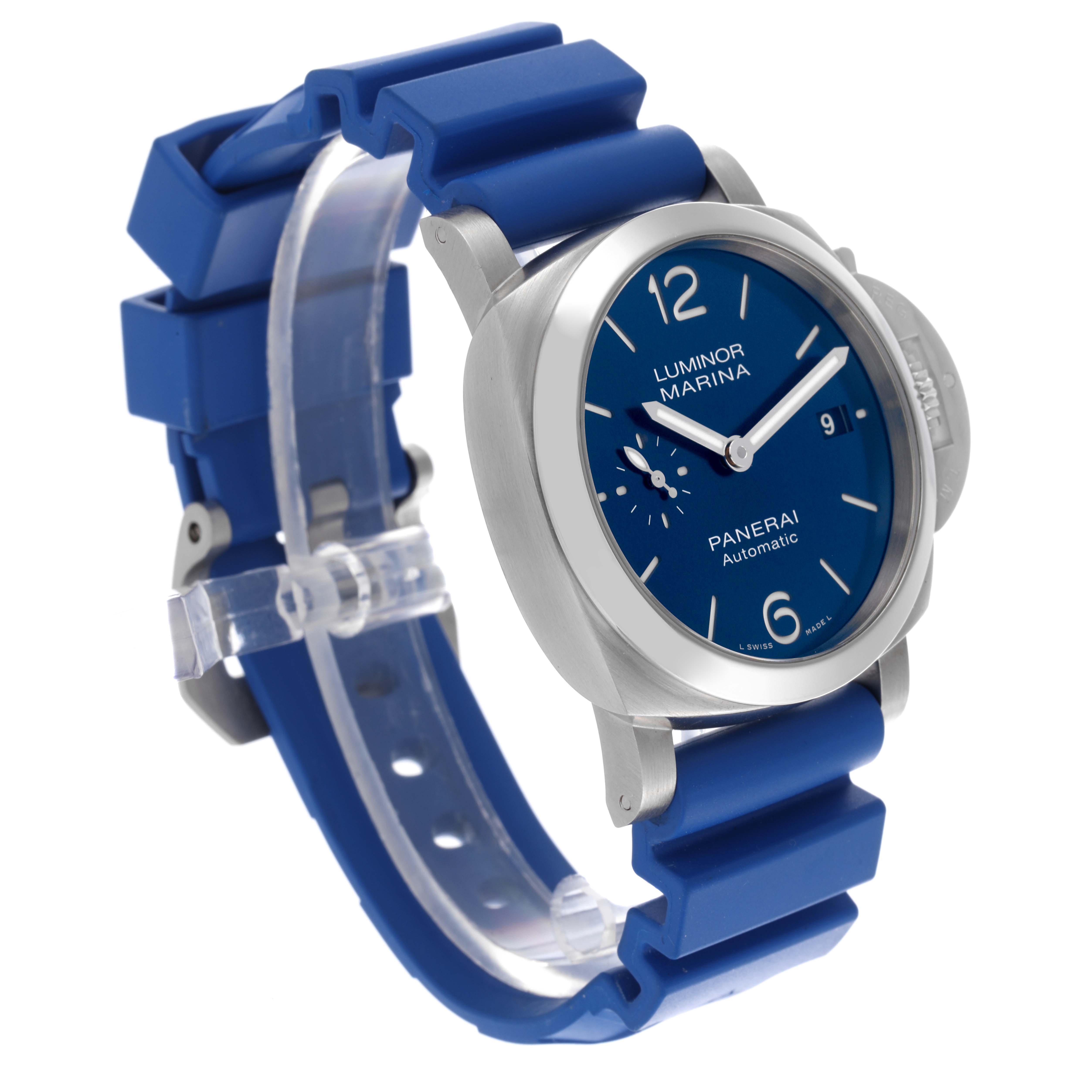 The Panerai Luminor PAM01270 Men
s Stainless Steel Blue Dial PAM01270 Men
s Stainless Steel Blue Dial watch is shown at a slight angle, highlighting its face, crown guard, and blue rubber strap.