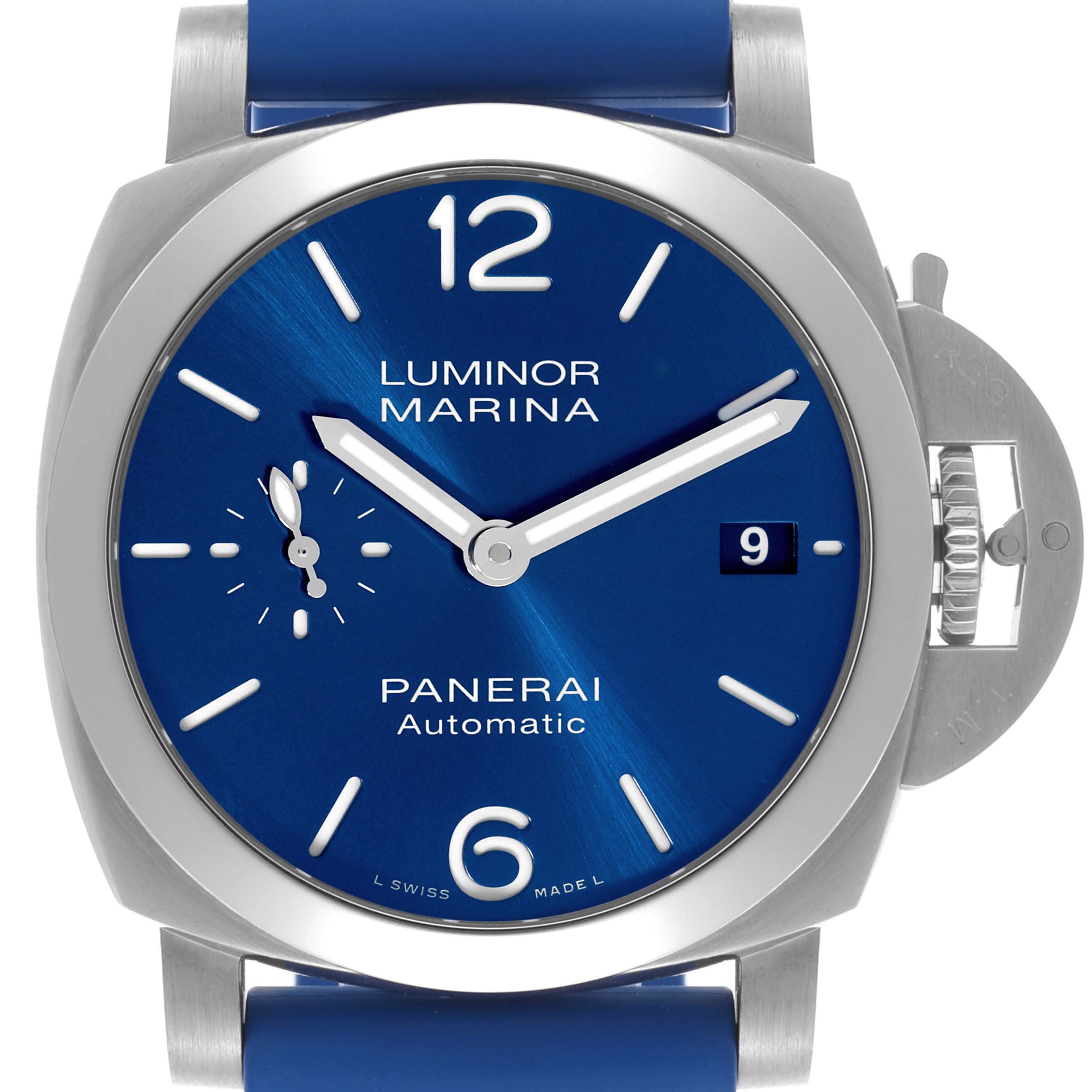 The Panerai Luminor PAM01270 Men
s Stainless Steel Blue Dial PAM01270 Men
s Stainless Steel Blue Dial watch is shown from a front angle, highlighting the blue dial, date window, and unique crown guard.