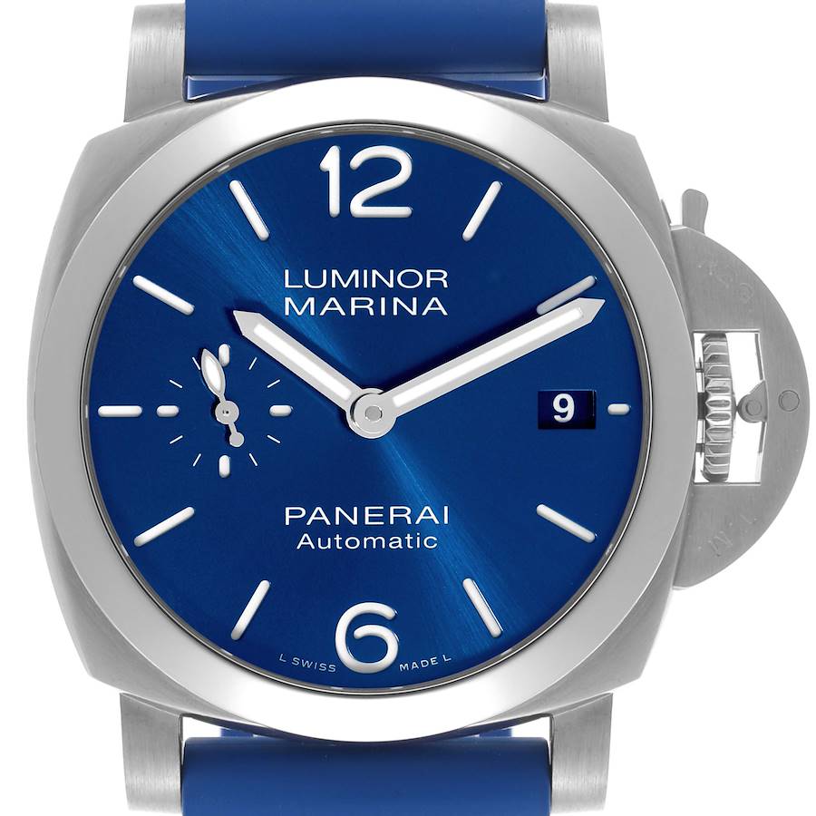 The Panerai Luminor watch is shown from a front angle, highlighting the blue dial, date window, and unique crown guard.