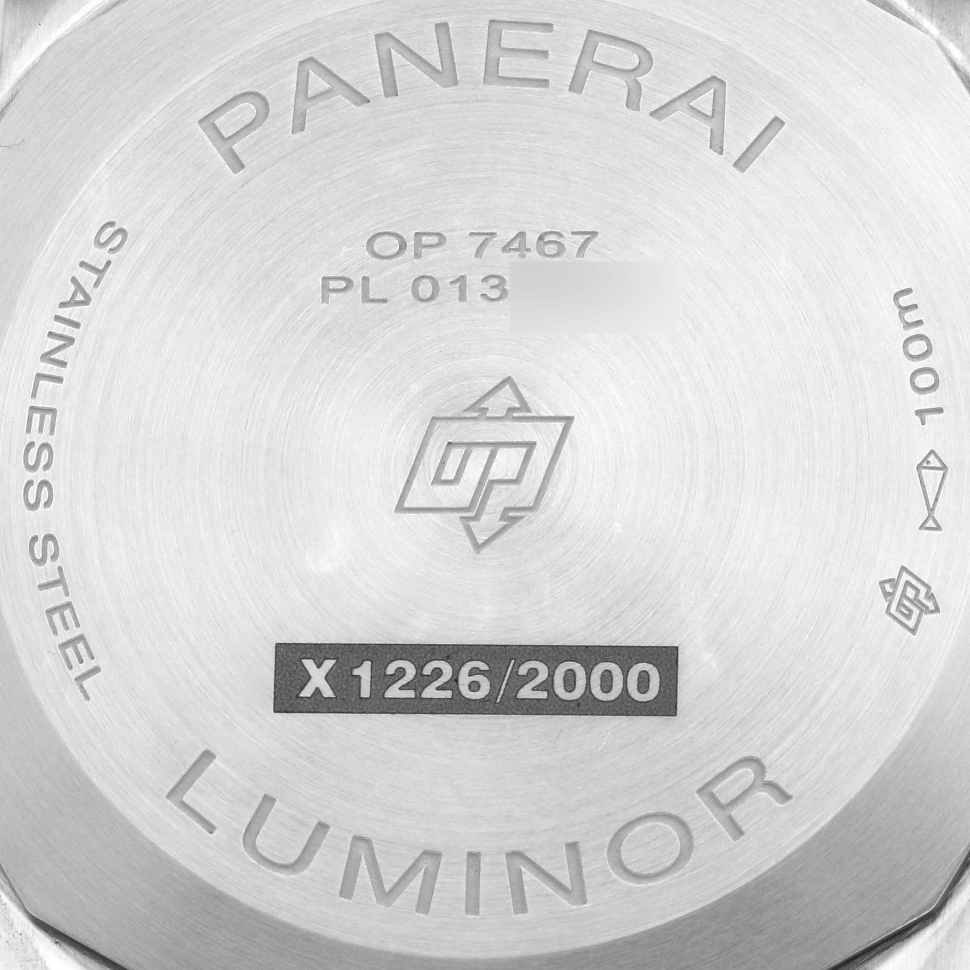 The image shows the case back of a Panerai Luminor PAM01270 Men
s Stainless Steel Blue Dial PAM01270 Men
s Stainless Steel Blue Dial watch, highlighting engravings and branding.