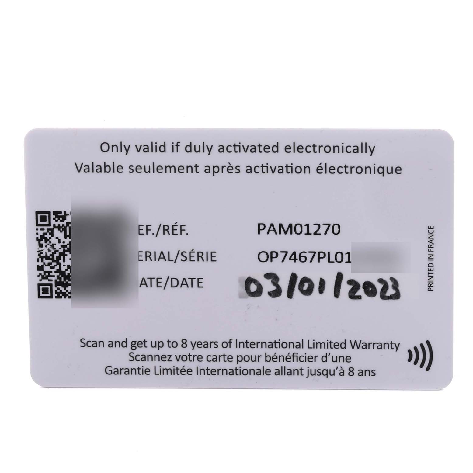 This image shows a warranty card for the Panerai Luminor PAM01270 Men
s Stainless Steel Blue Dial PAM01270 Men
s Stainless Steel Blue Dial model, displaying reference, serial number, and activation details.