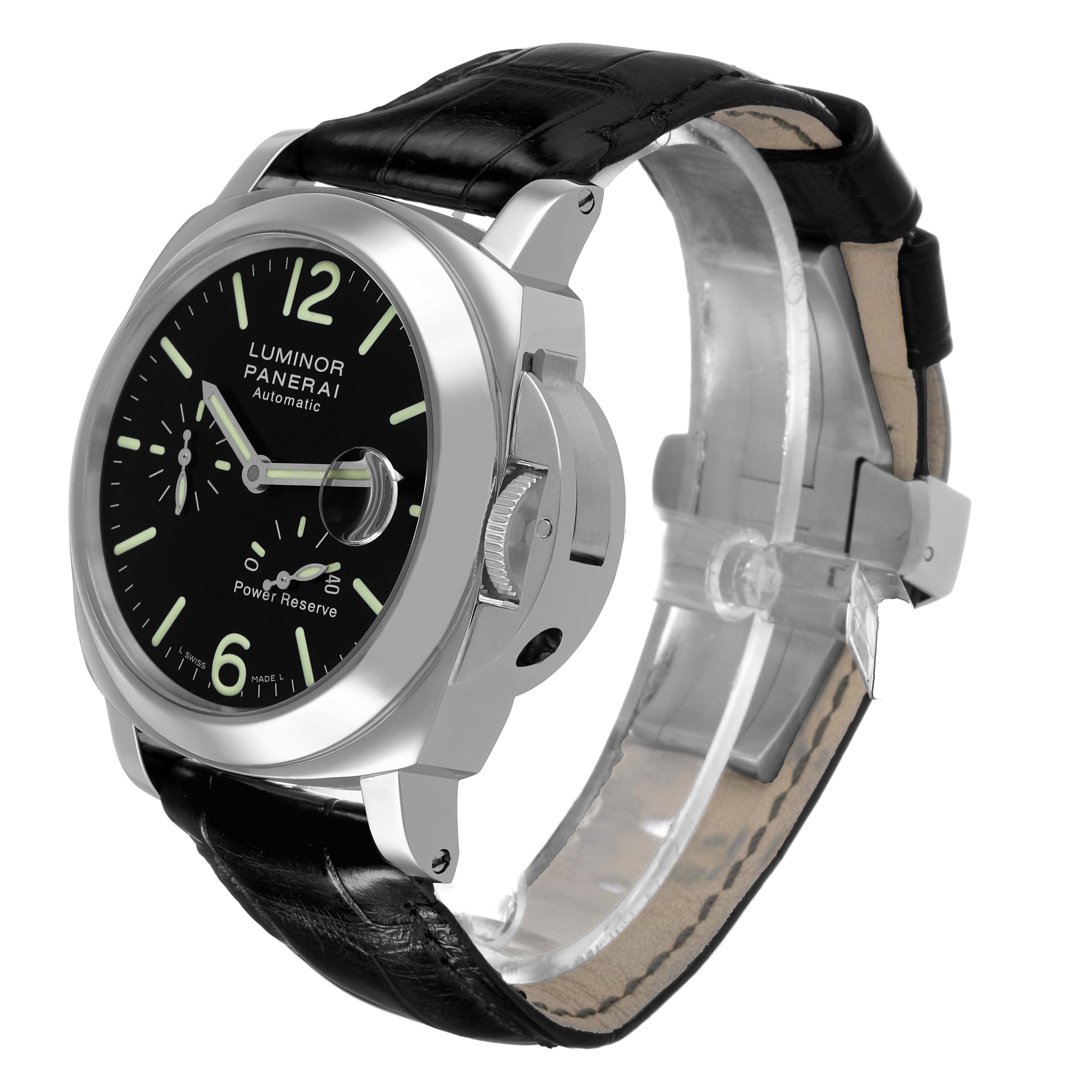 The Panerai Luminor PAM00090 Men's Stainless Steel Black Dial watch is shown at a three-quarter angle, highlighting the dial, crown guard, and leather strap.