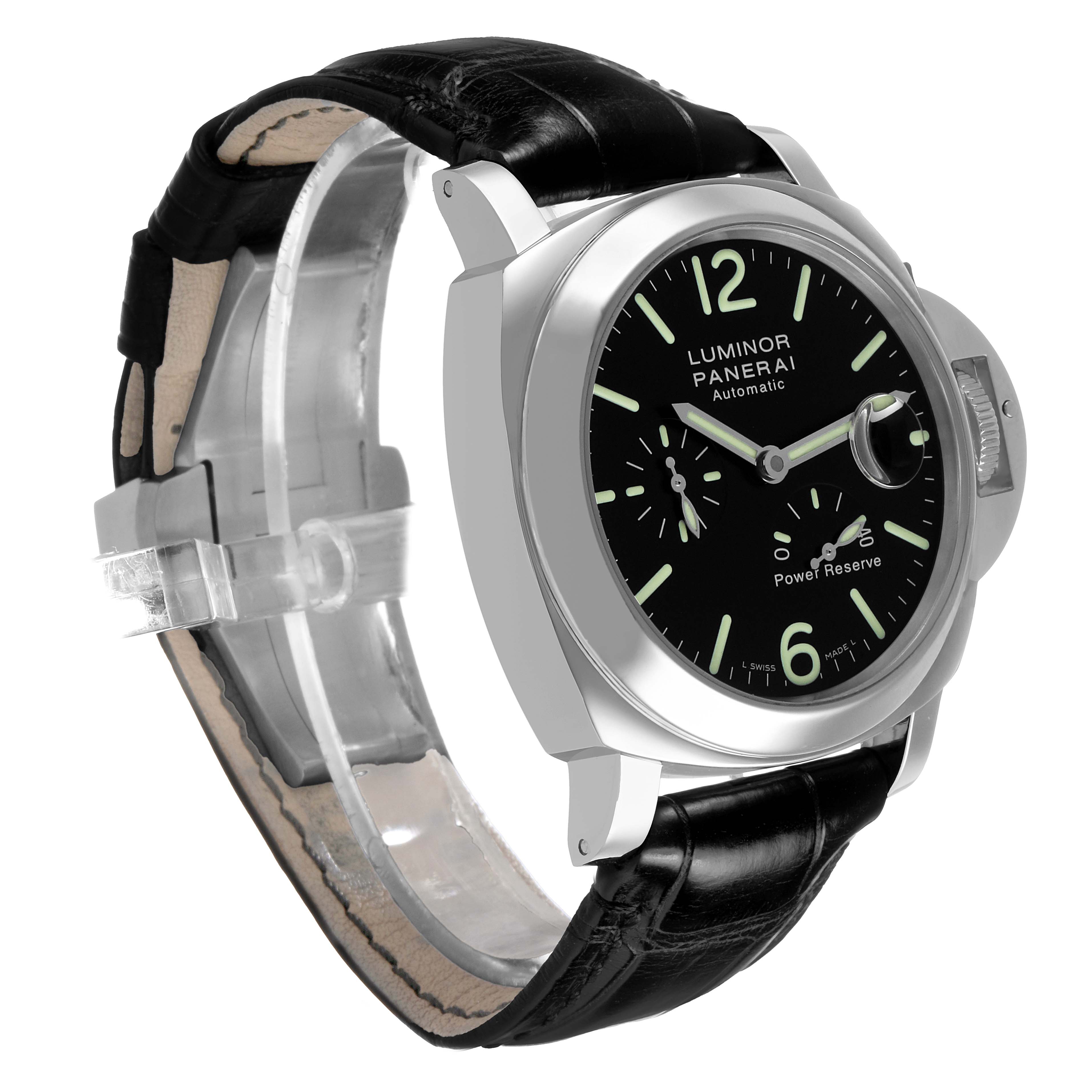 The Panerai Luminor PAM00090 Men's Stainless Steel Black Dial watch is shown at a three-quarter angle, highlighting the face, crown guard, and leather strap.