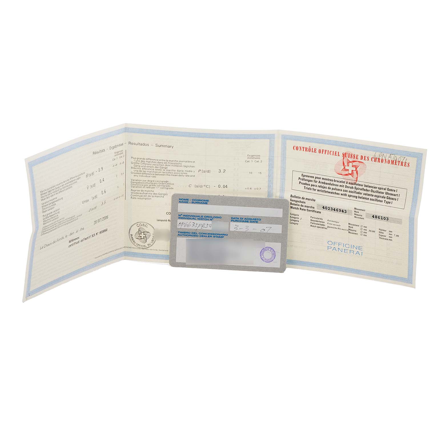 The image shows documentation and a card for a Panerai Luminor PAM00090 Men's Stainless Steel Black Dial watch, including a certificate and purchase details.