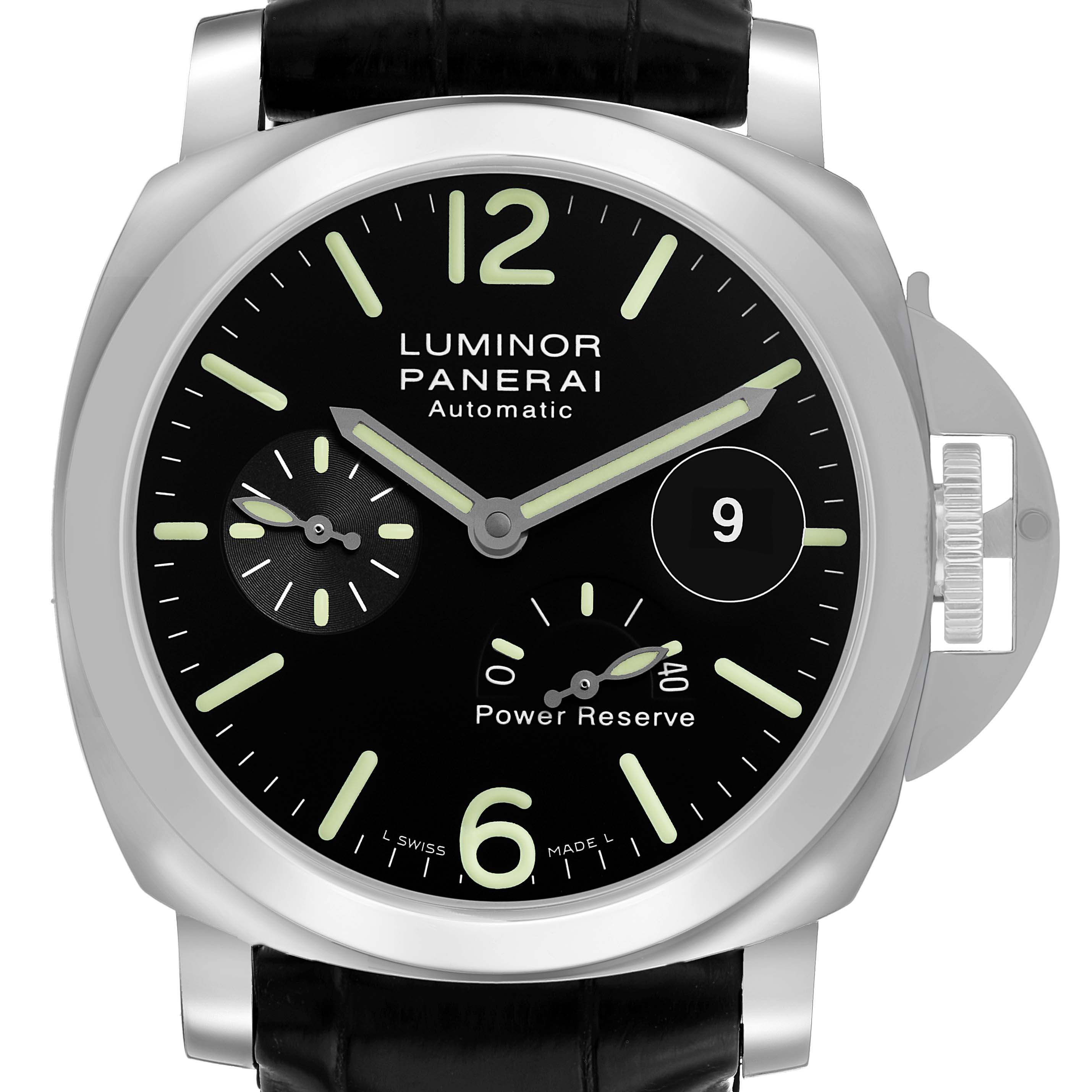 The image shows a frontal view of a Panerai Luminor PAM00090 Men's Stainless Steel Black Dial watch, highlighting the crown guard, dials, and strap.