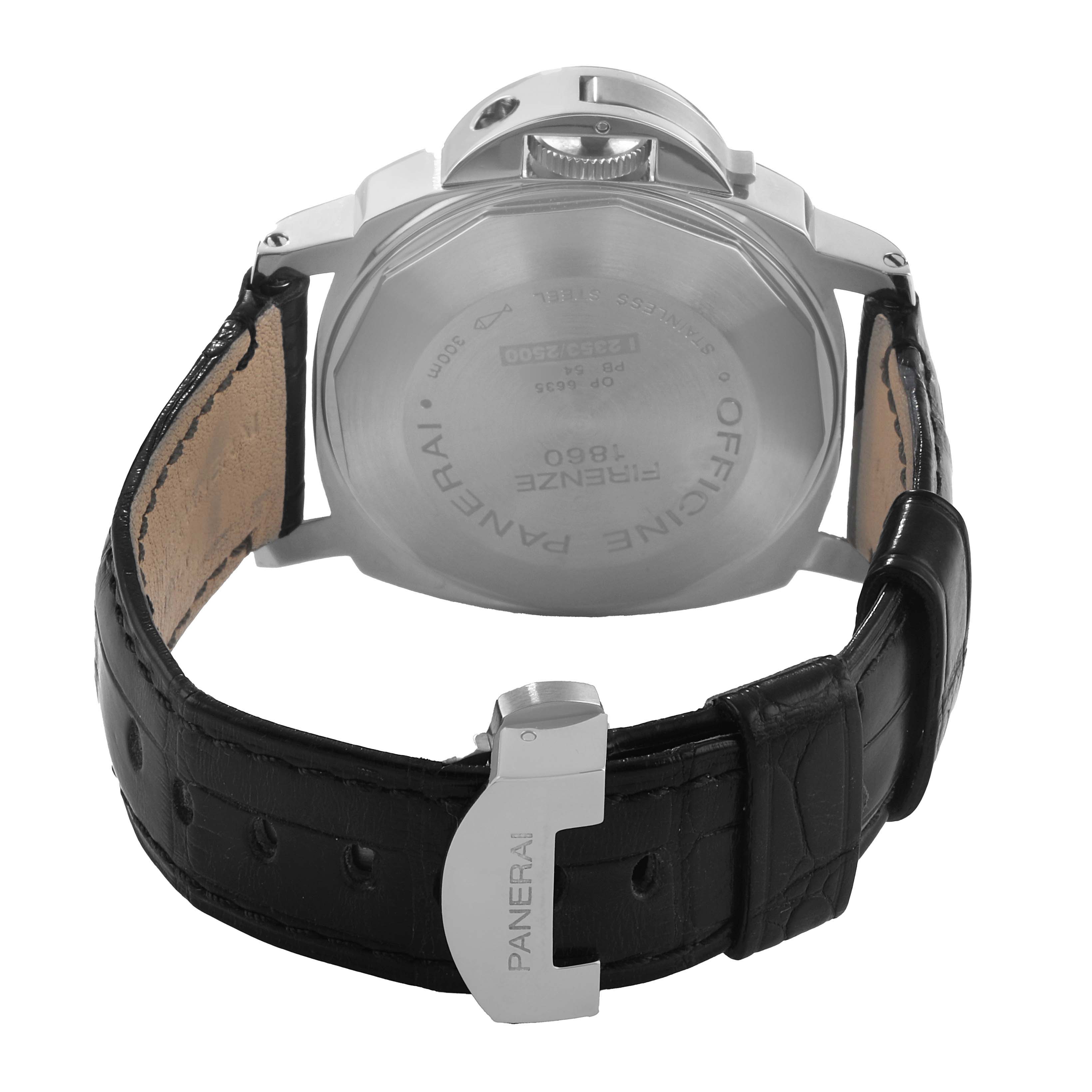 The image shows the rear view of a Panerai Luminor PAM00090 Men's Stainless Steel Black Dial watch, highlighting the case back and leather strap.