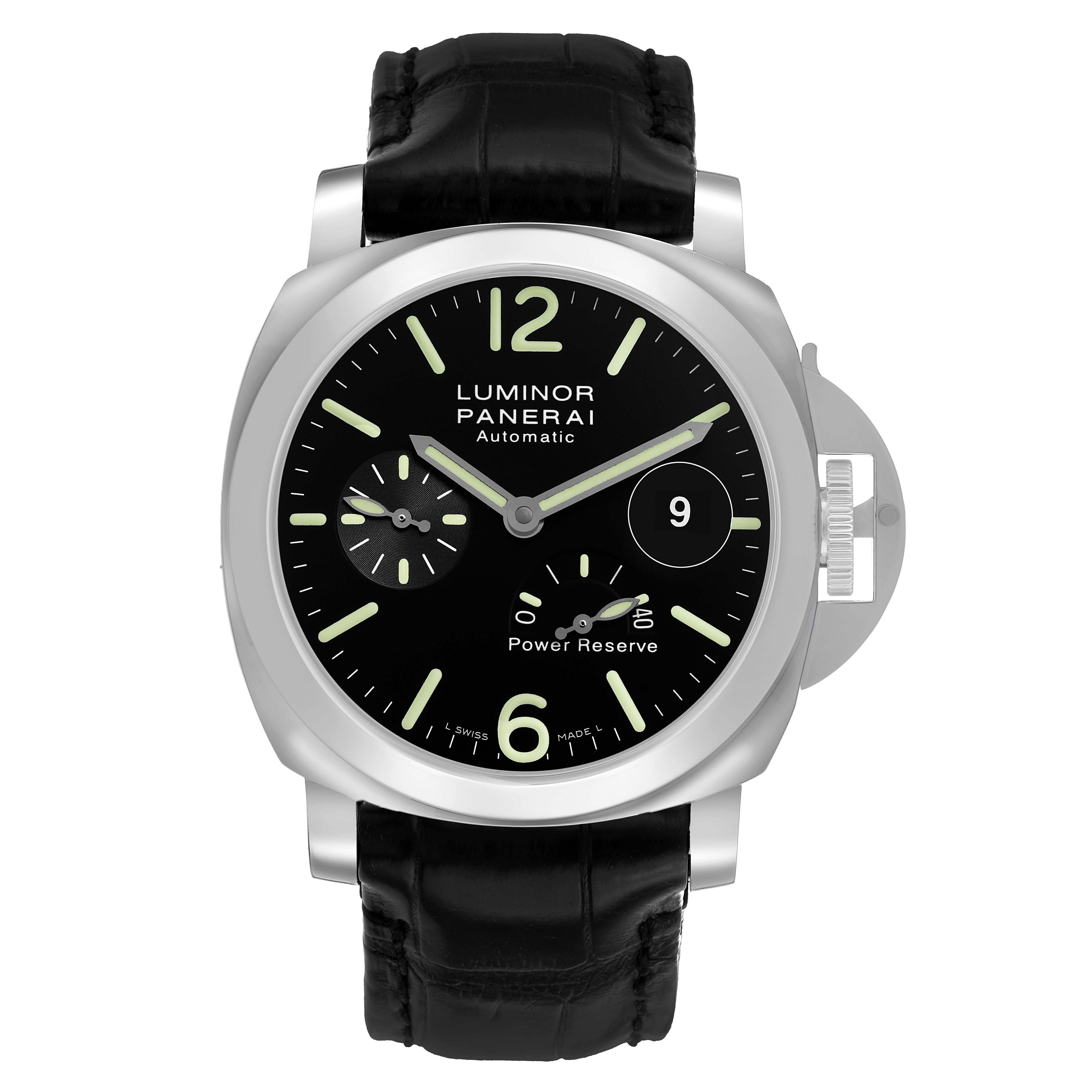 The Panerai Luminor PAM00090 Men's Stainless Steel Black Dial watch is shown from a front view, highlighting its dial, crown protector, and leather strap.