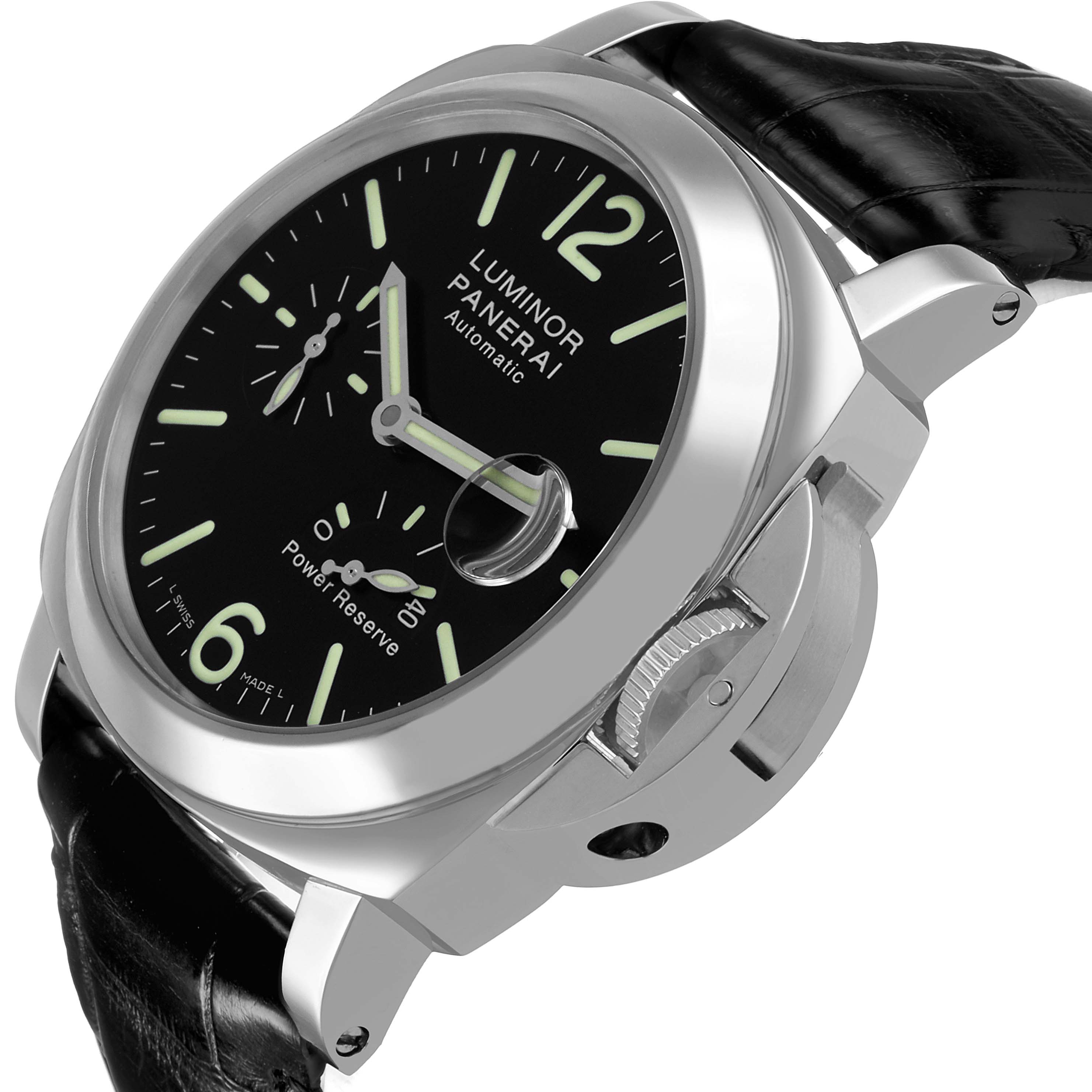 The Panerai Luminor PAM00090 Men's Stainless Steel Black Dial watch is shown at an angle highlighting the dial, case, crown guard, and leather strap.