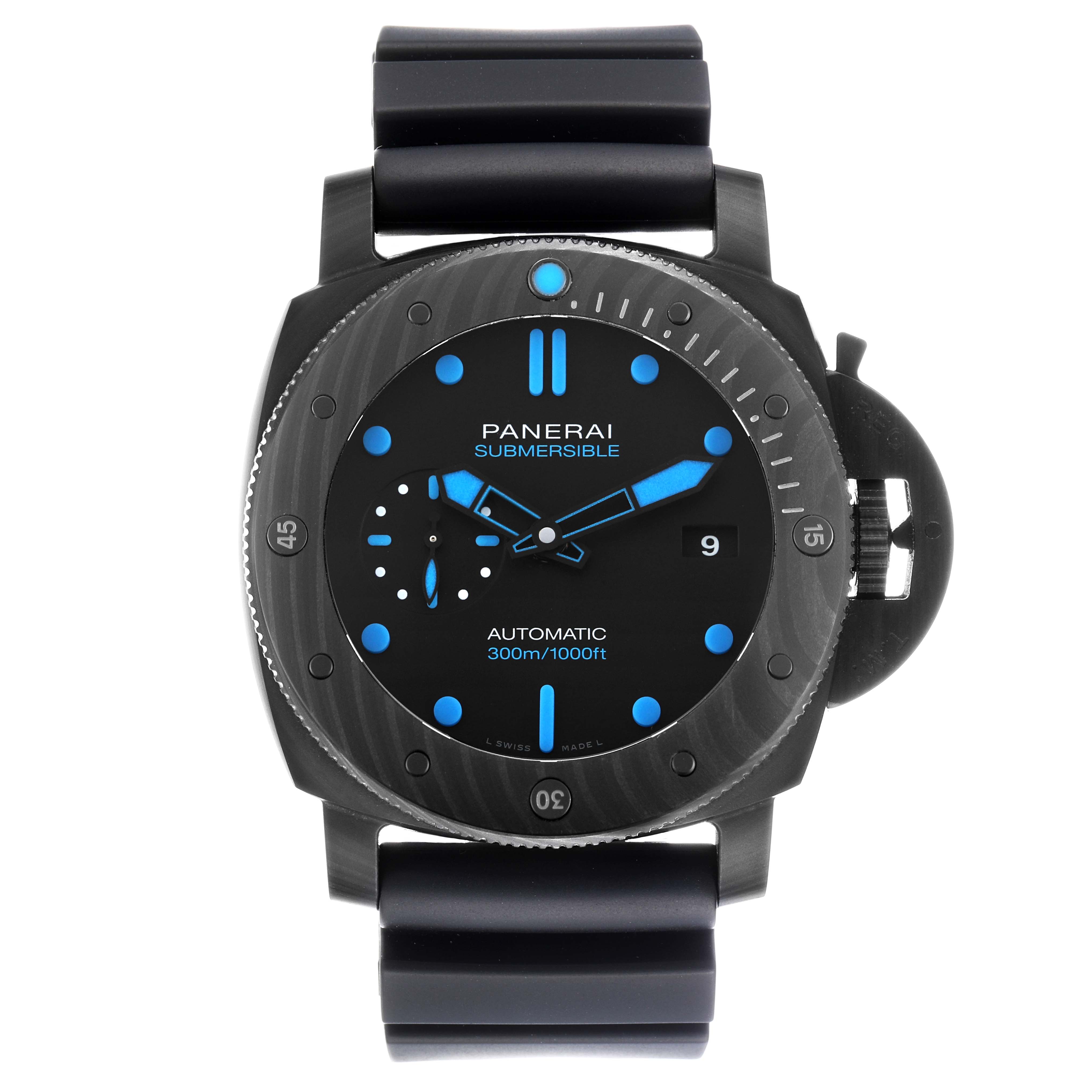 The Panerai Submersible PAM01616 Men's Ceramic Black Dial watch is shown from the front, displaying the dial, bezel, and strap with luminescent markers.