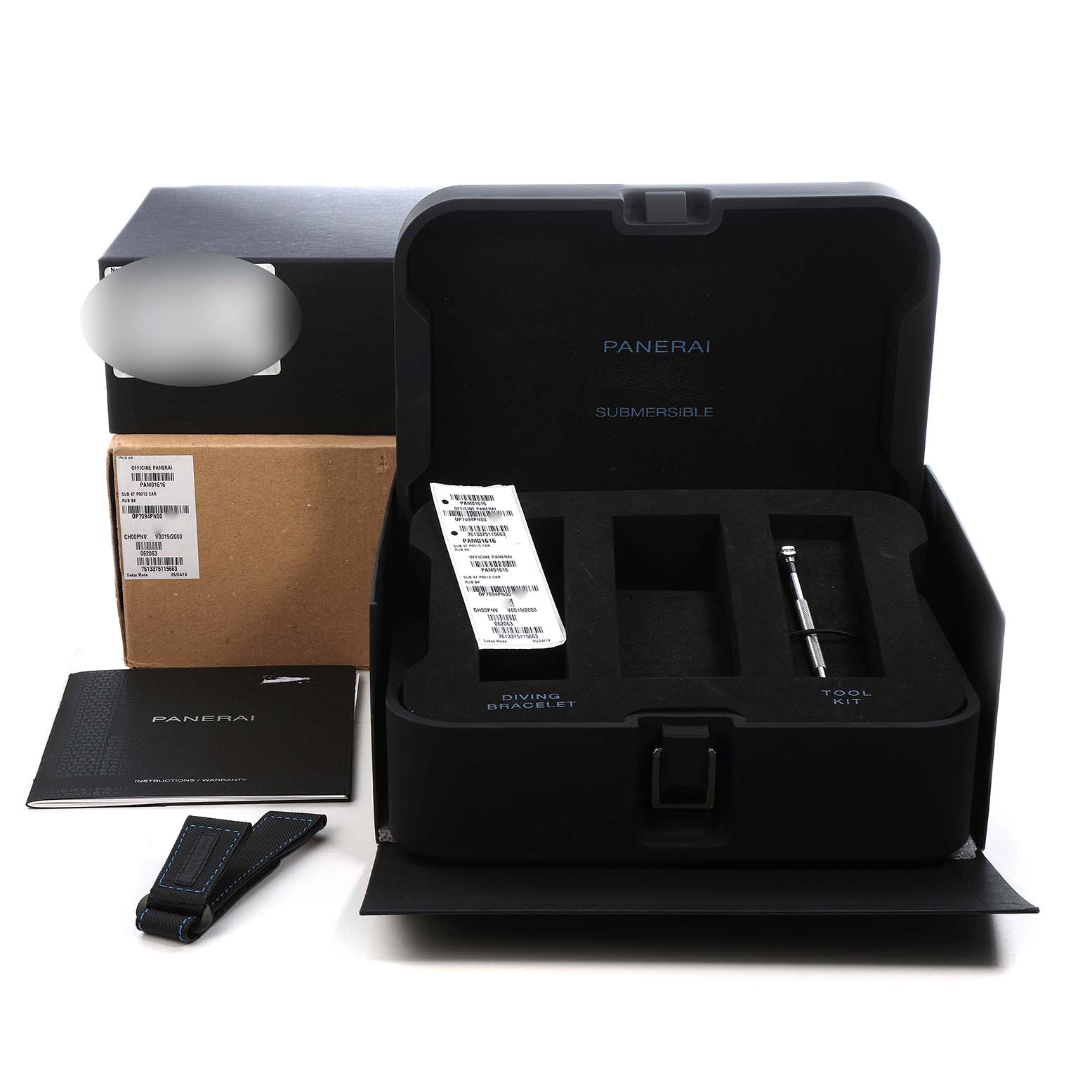 The image shows the Panerai Submersible PAM01616 Men's Ceramic Black Dial watch packaging, tool kit, diving bracelet, and documentation from a top-down angle.