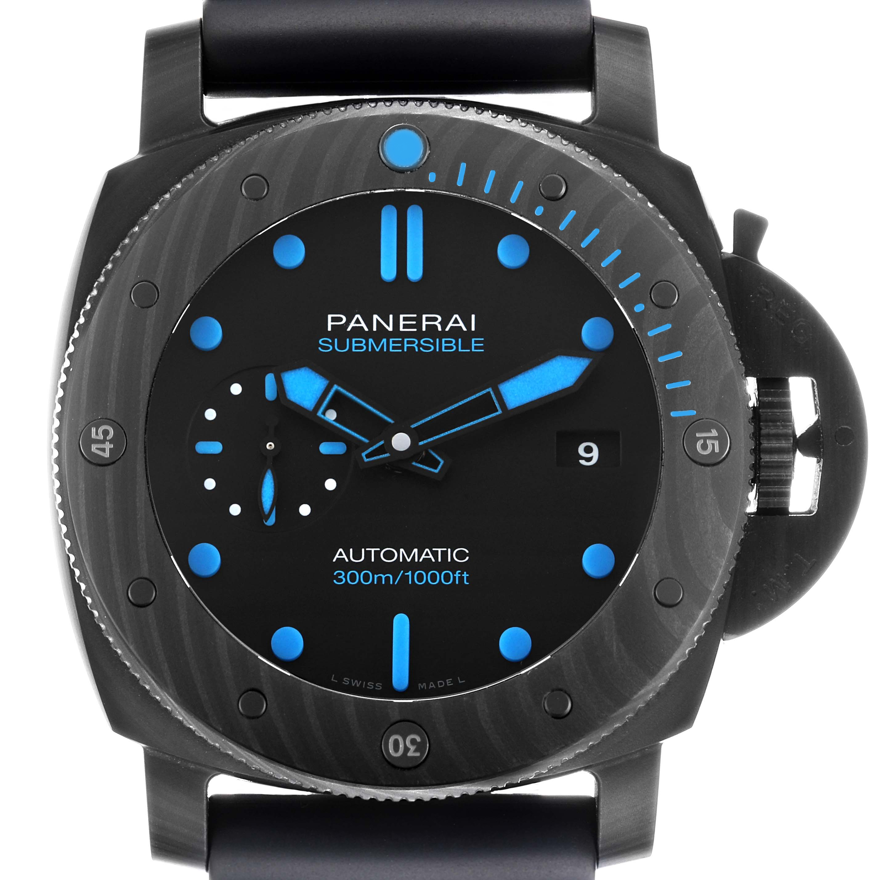 The Panerai Submersible PAM01616 Men's Ceramic Black Dial watch is shown from a front angle, highlighting the dial, bezel, and crown guard.