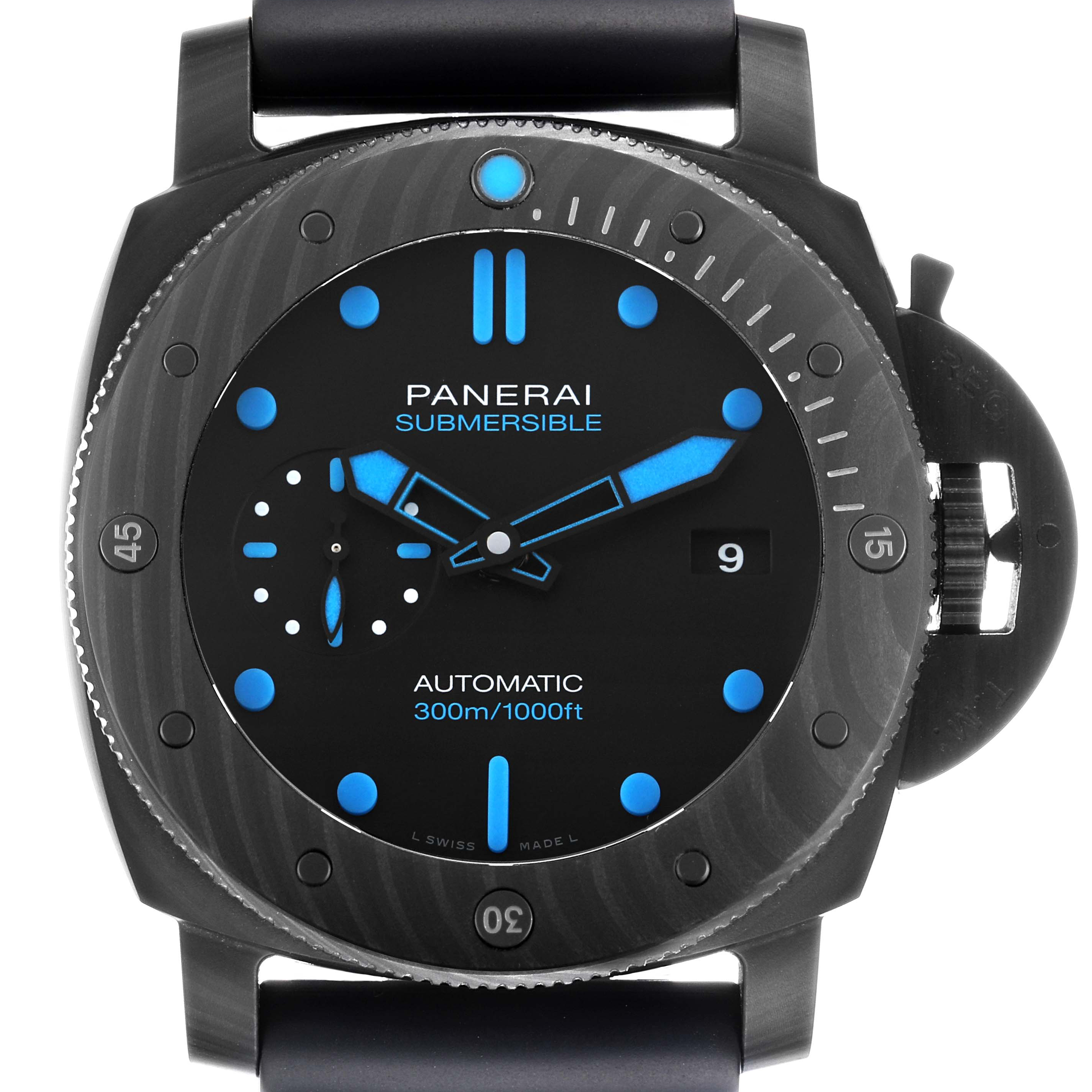 The Panerai Submersible PAM01616 Men's Ceramic Black Dial watch is shown from a top view, highlighting the dial, hands, date window, and bezel.