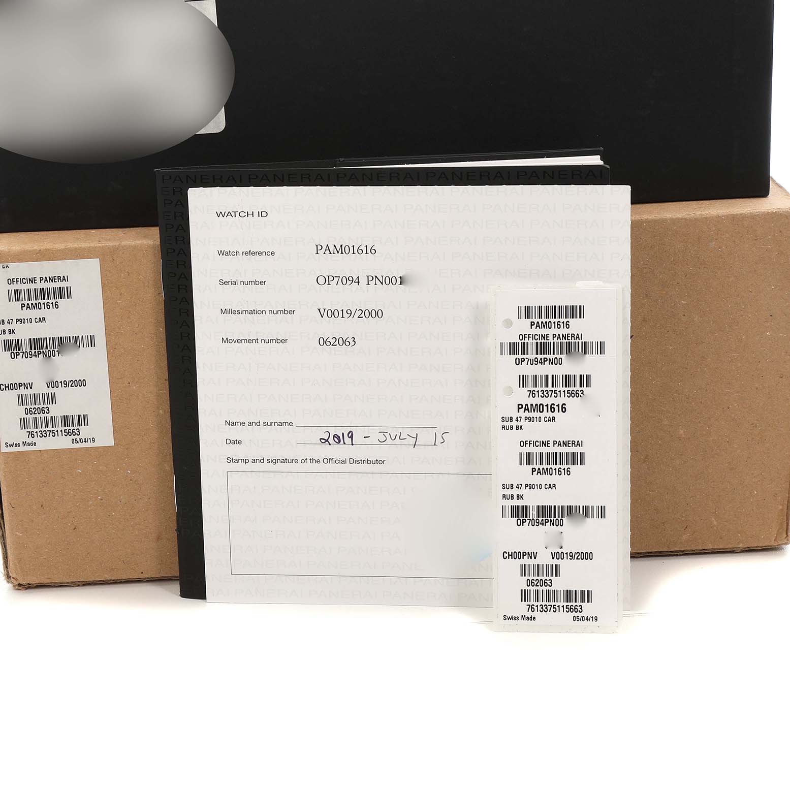 The image shows warranty documents and labels for a Panerai Submersible PAM01616 Men's Ceramic Black Dial model PAM01616.