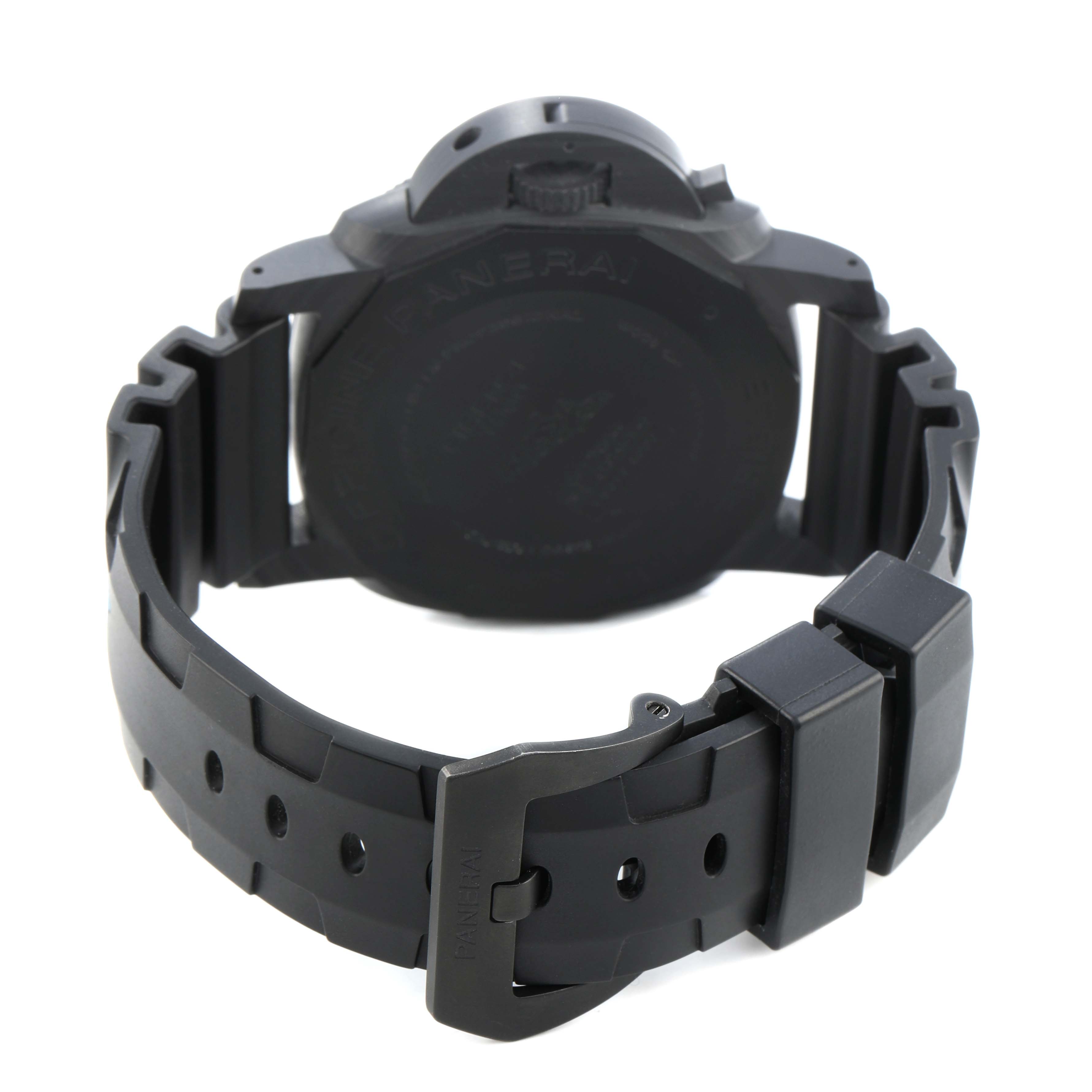 The image shows the backside and strap of the Panerai Submersible PAM01616 Men's Ceramic Black Dial watch at a rear angle.