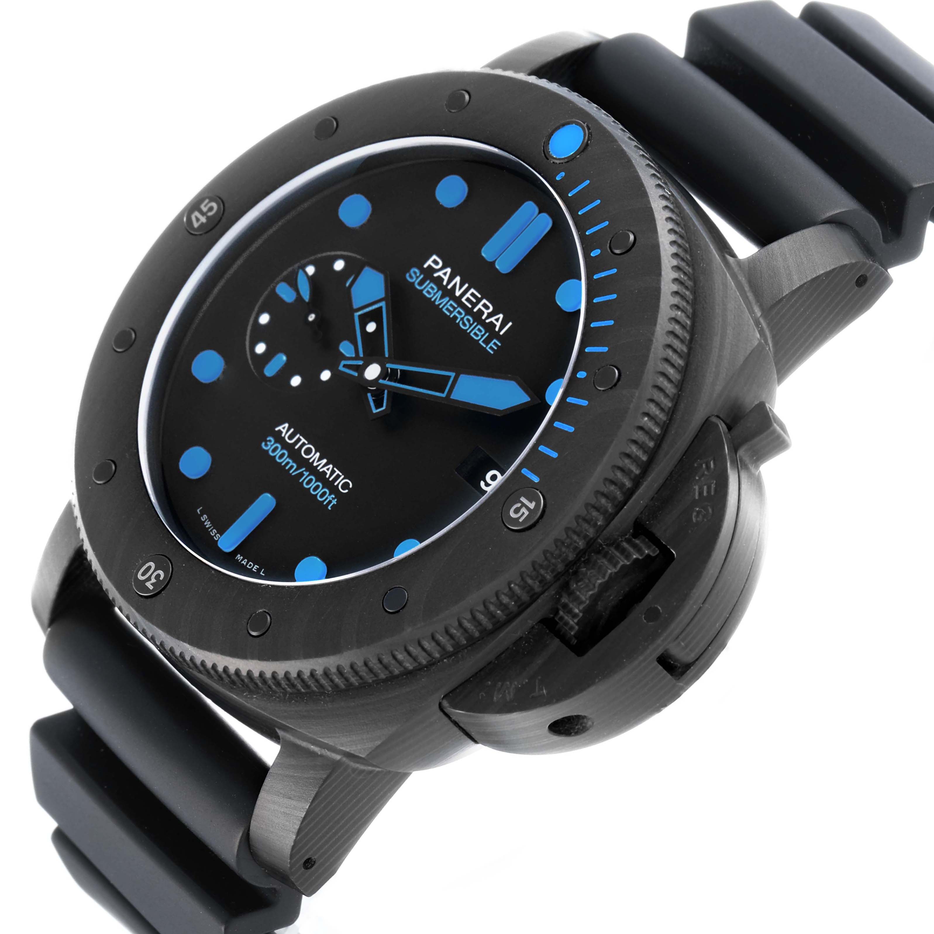The Panerai Submersible PAM01616 Men's Ceramic Black Dial watch is shown at an angled view, highlighting the dial, bezel, crown guard, and strap.